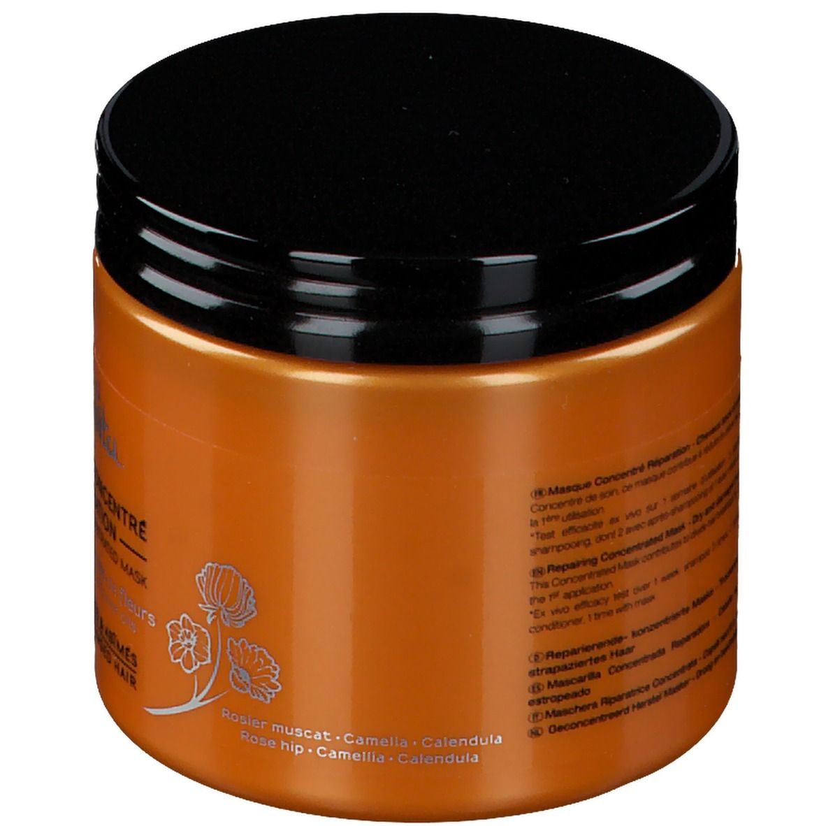 Pot orange avec couvercle noir. Dos avec texte multilingue. Liste des ingrédients et illustrations florales.