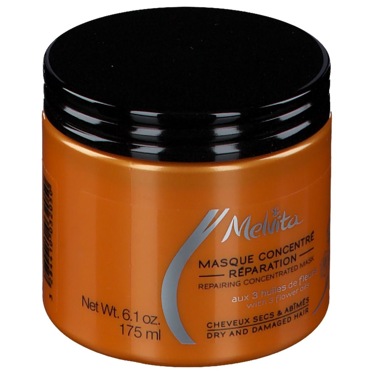 Pot orange avec couvercle noir. Inscription: Melvita, Masque concentré Réparation, pour cheveux secs et abîmés.