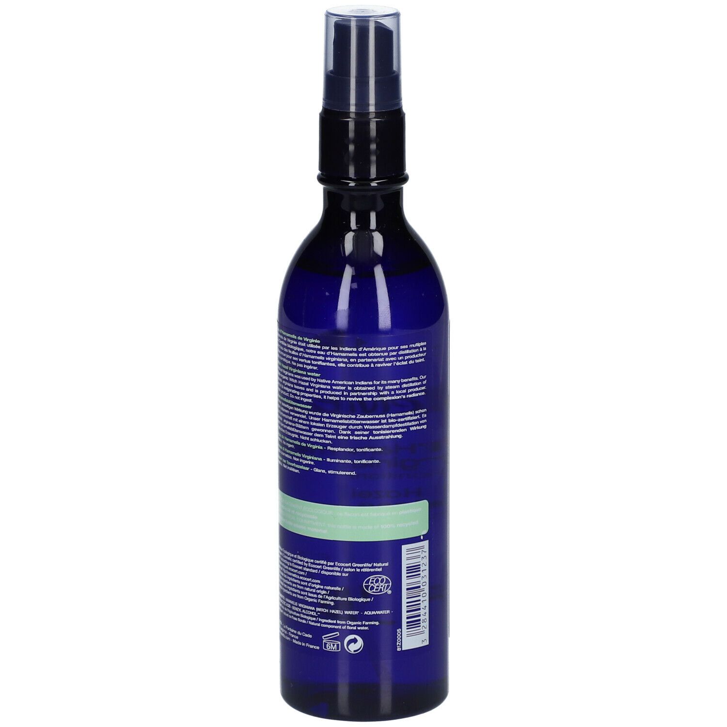 Blaue Flasche mit Zerstäuber. Rückseite mit Text und grünem Streifen. Bio-Siegel. Flasche mit 200 ml Inhalt.