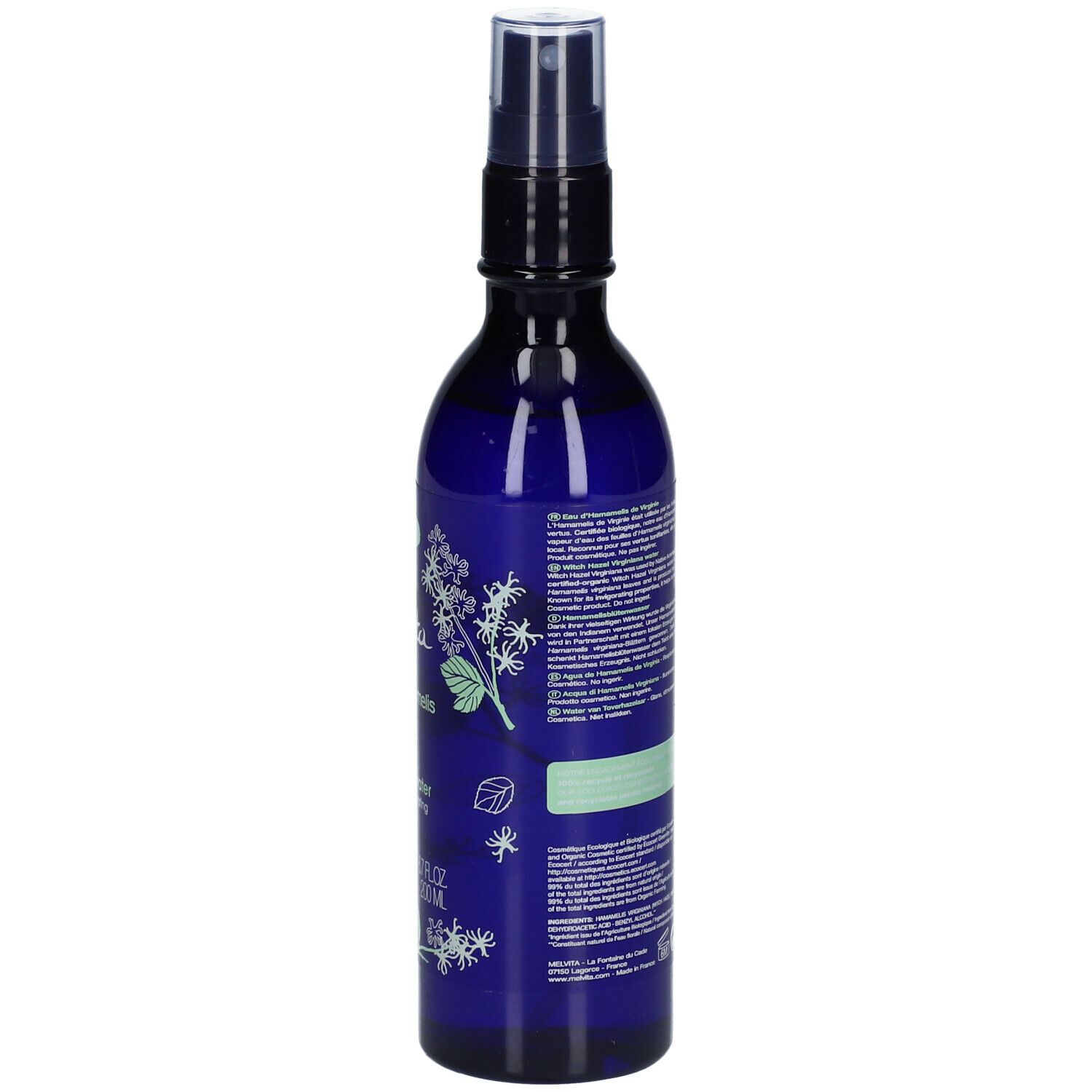 Blaue Flasche mit Zerstäuber. Rückseite mit Text und grünem Streifen. Bio-Siegel. Flasche mit 200 ml Inhalt.