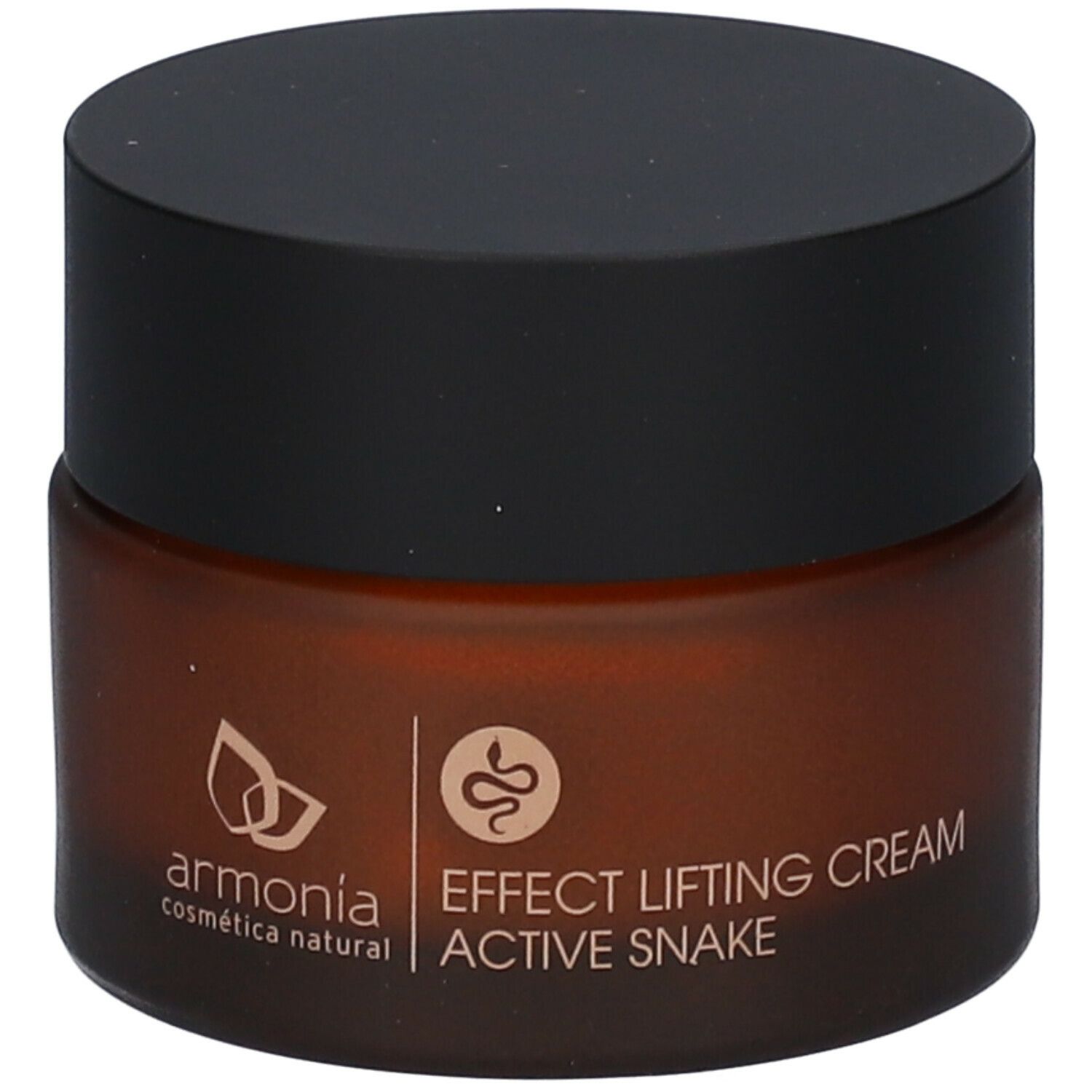 Pot de crème brun avec couvercle noir. Inscription : armonia, Effect Lifting Cream Active Snake. Logo avec serpent.