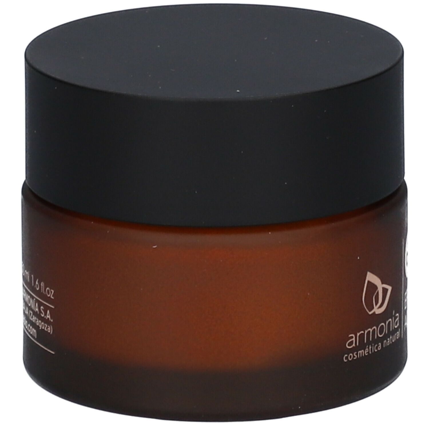 Pot de crème brun avec couvercle noir. Inscription : armonia. Logo. Vue latérale.