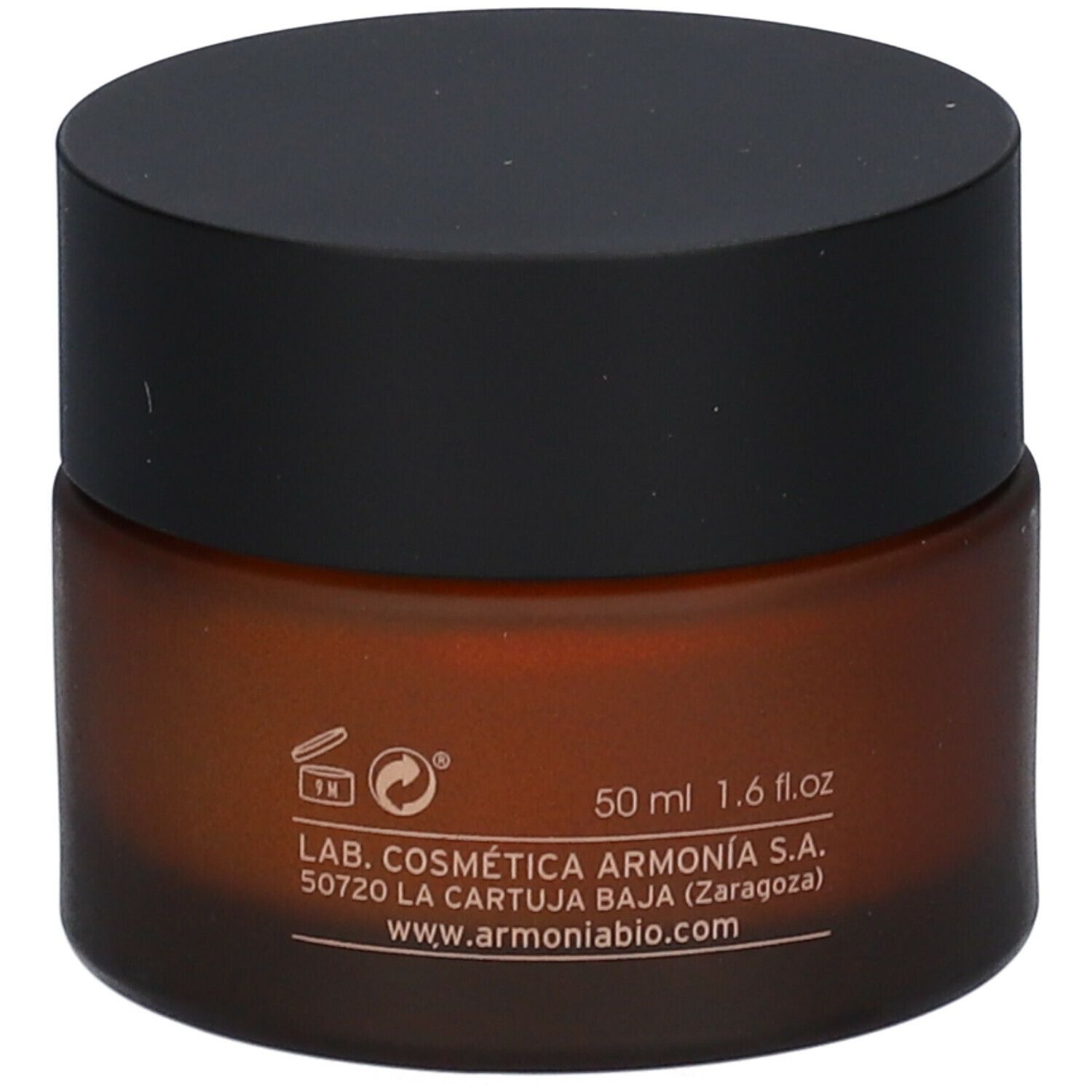 Pot de crème brun avec couvercle noir. Inscription : 50 ml 1.6 fl.oz. Lab. Cosmética Armonia. www.armaniabio.com.