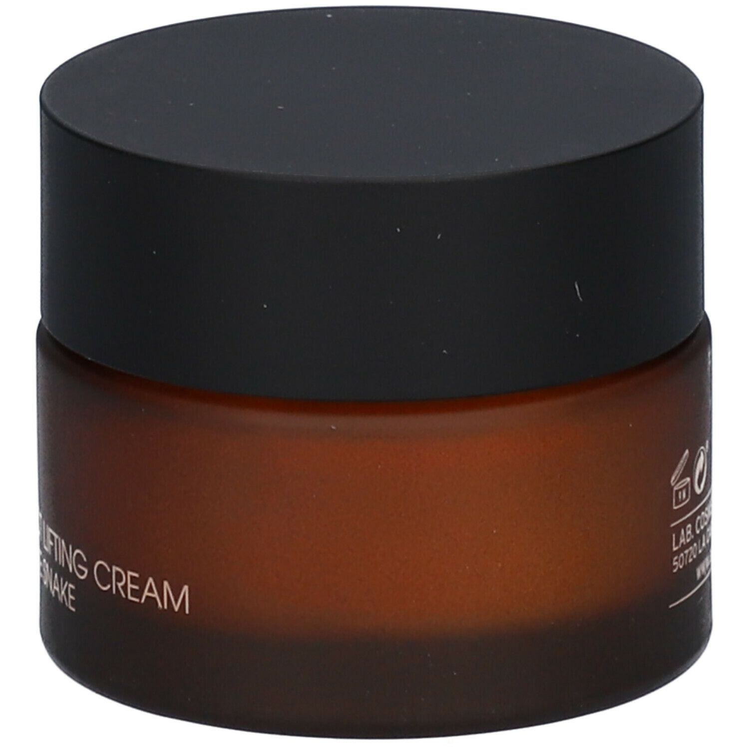 Pot de crème brun avec couvercle noir. Inscription : Effect Lifting Cream Active Snake. Logo.