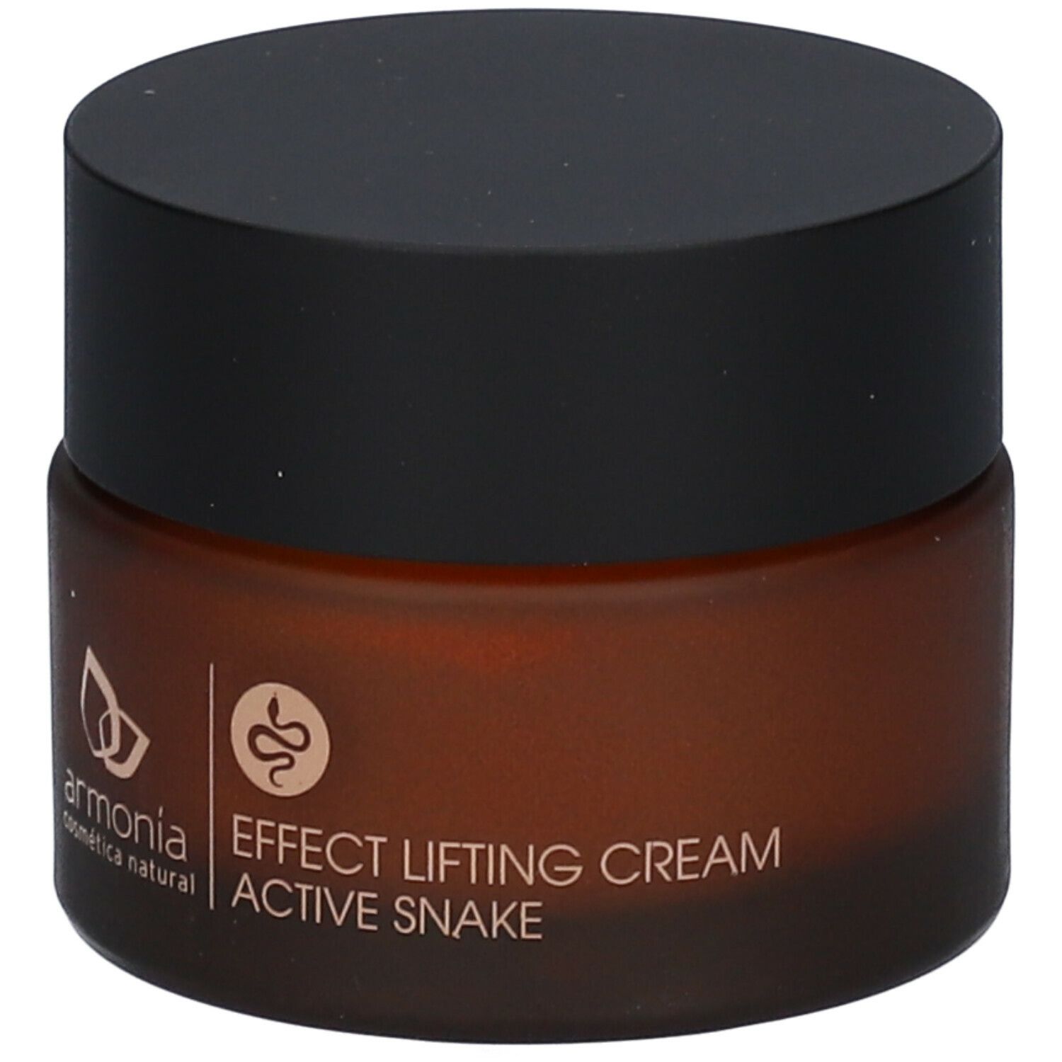 Pot de crème brun avec couvercle noir. Inscription : armonia, Effect Lifting Cream Active Snake. Logo avec serpent.