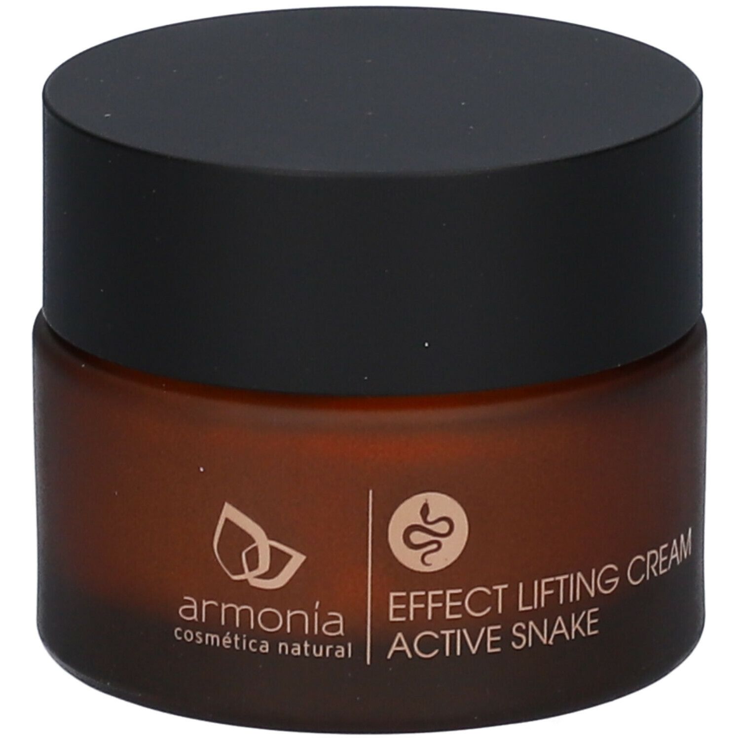 Pot de crème brun avec couvercle noir. Inscription : armonia, Effect Lifting Cream Active Snake. Logo avec serpent.
