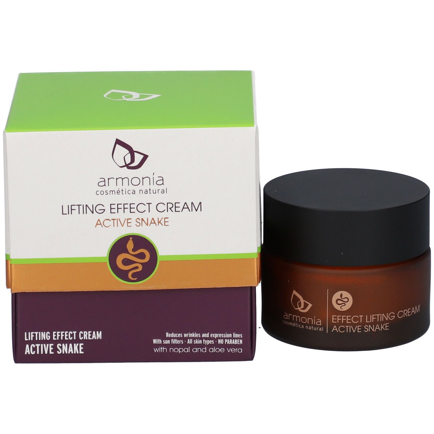 Pot de crème et emballage. Inscription : armonia, Lifting Effect Cream Active Snake. Logo. Texte : Réduit les rides.
