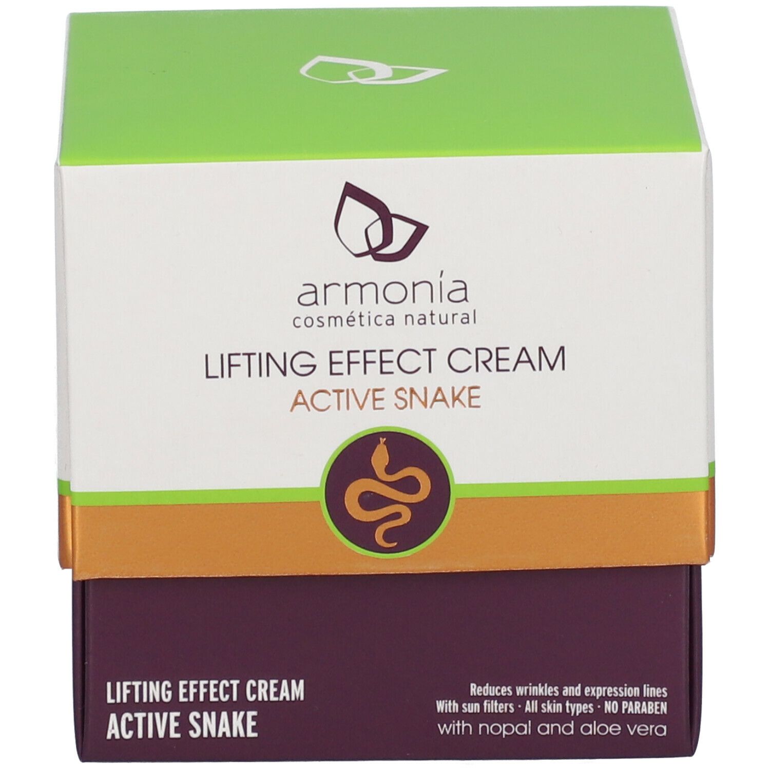 Emballage. Inscription : armonia, Lifting Effect Cream Active Snake. Logo. Texte : Réduit les rides et les ridules.