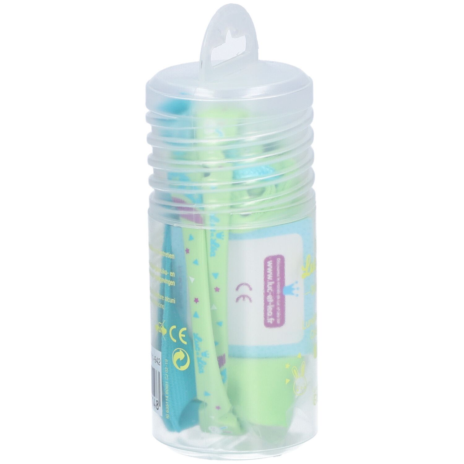 Lunettes de soleil pour bébé dans un emballage transparent. Vert et bleu. Inscription : Luc & Léa. Marque CE. Code-barres et informations produit.