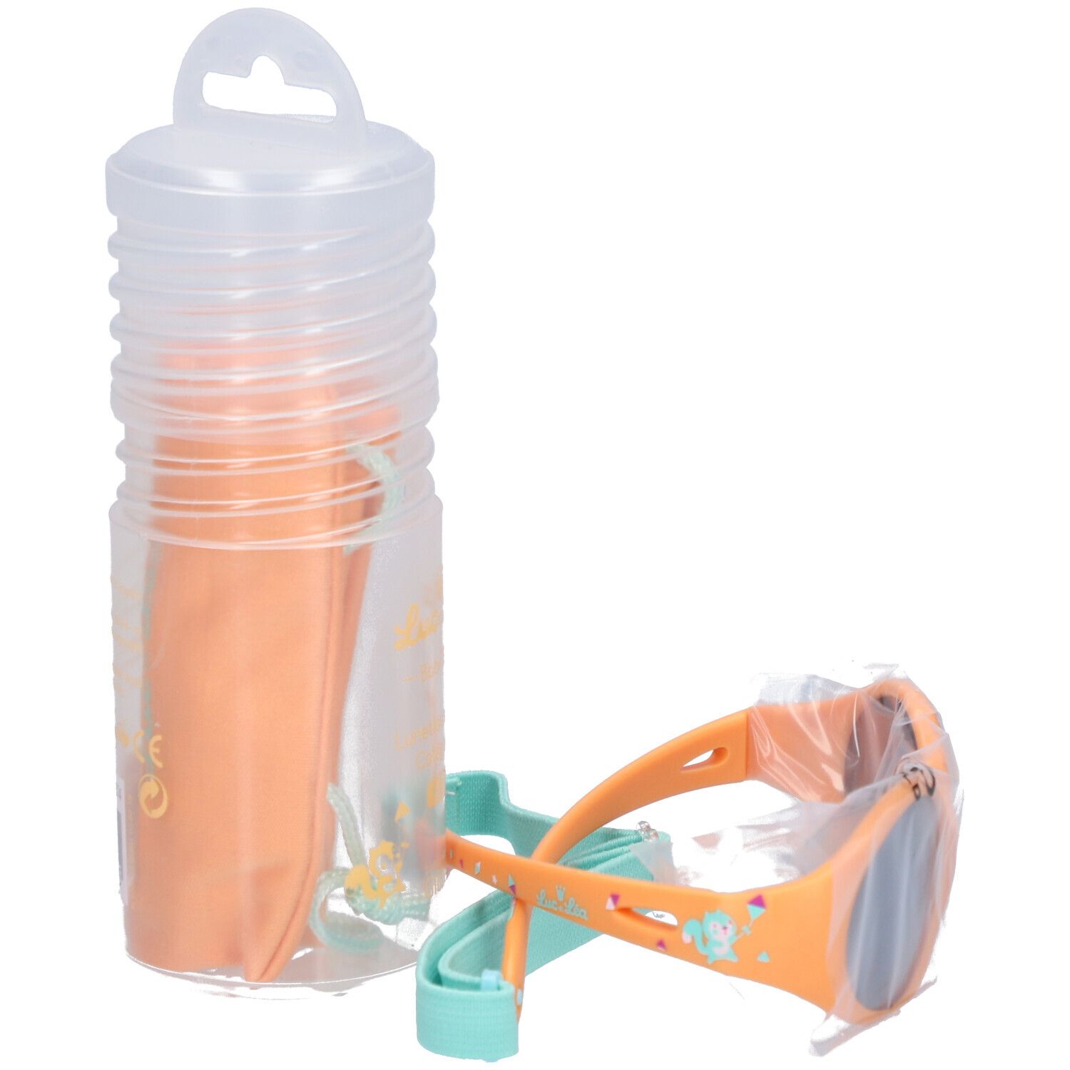 Lunettes de soleil orange pour bébé avec bandeau bleu. Emballage transparent. Étui inclus.