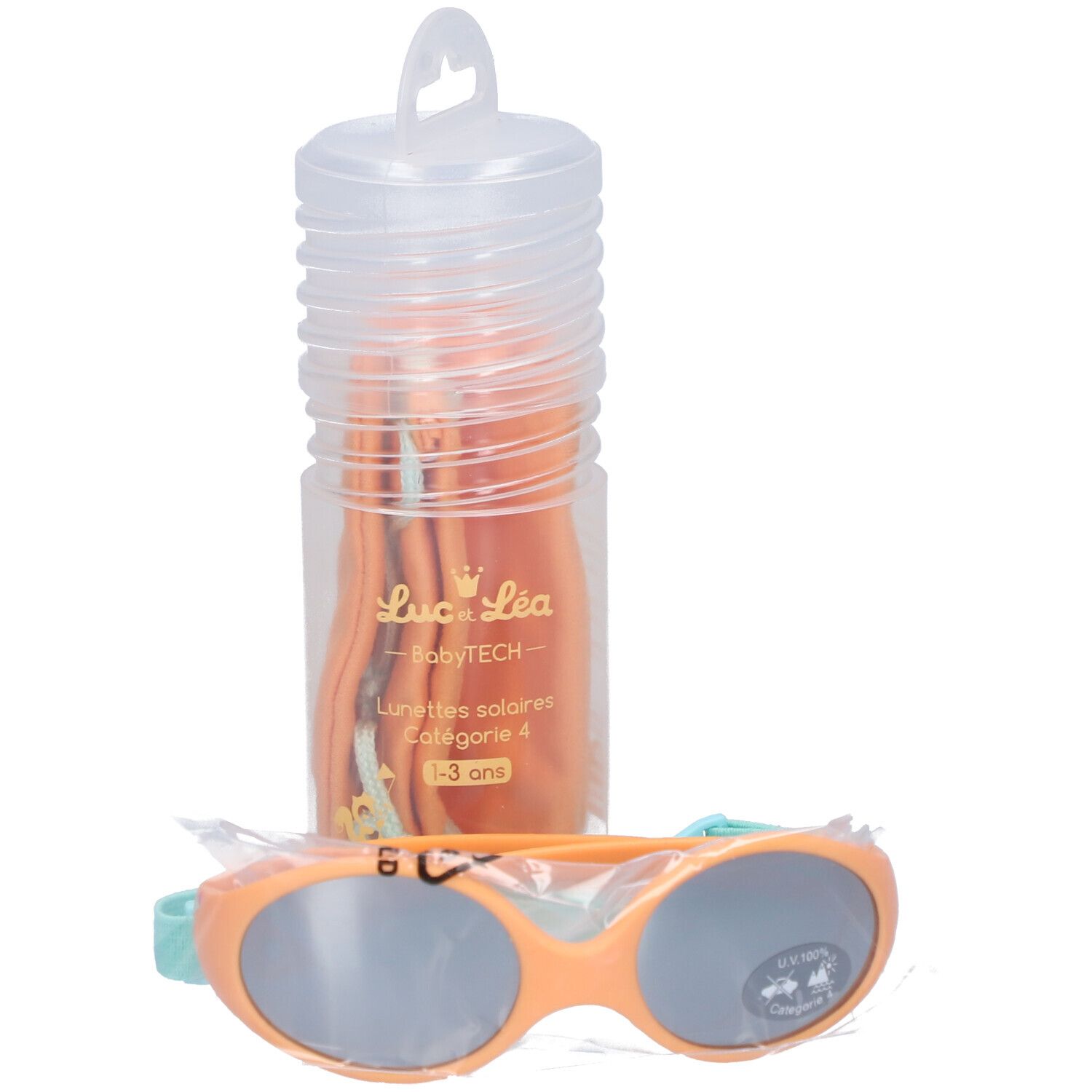 Lunettes de soleil orange pour bébé avec verres gris et bandeau bleu. Emballage transparent. Étui inclus.