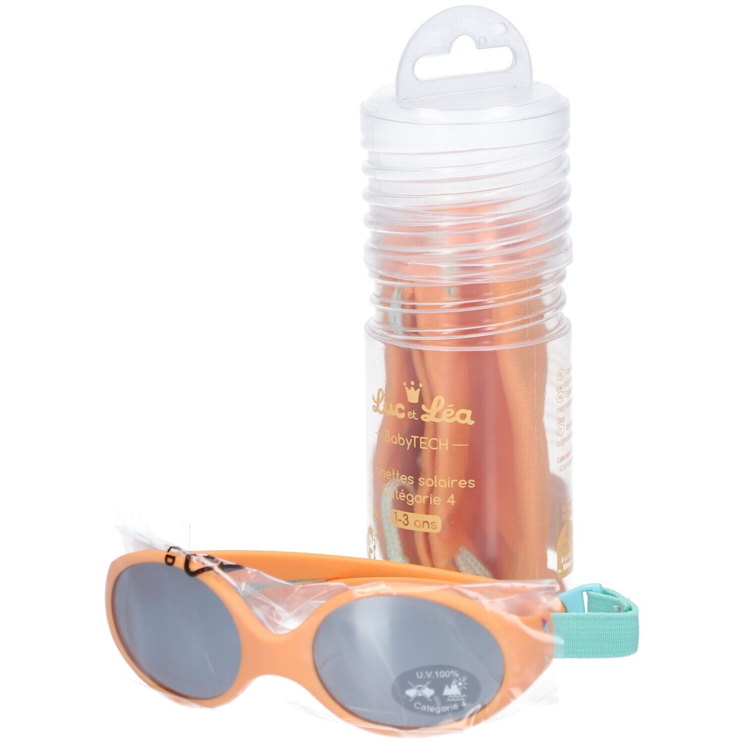 Lunettes de soleil orange pour bébé avec verres gris et bandeau bleu. Emballage transparent. Étui inclus.