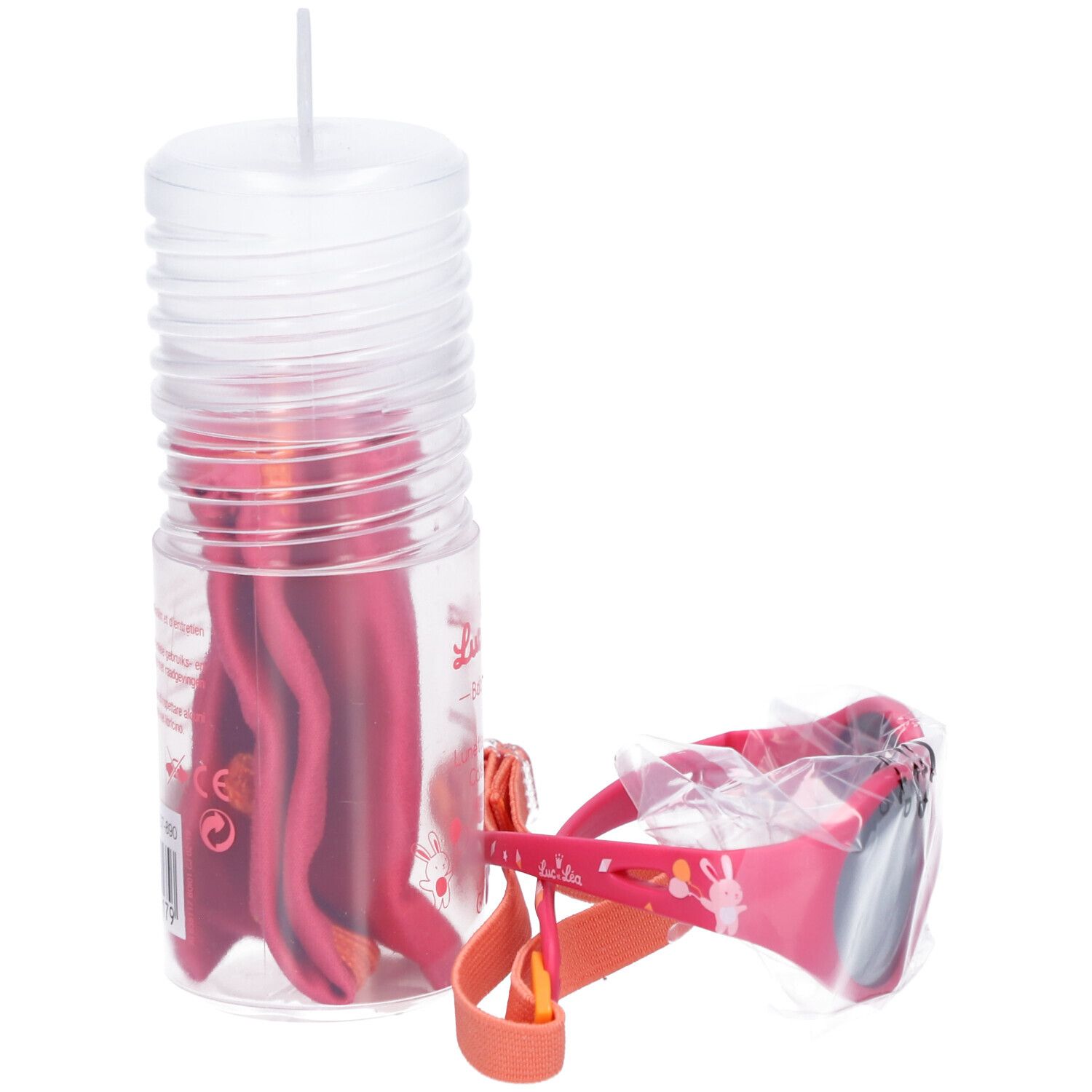 Lunettes de soleil bébé roses avec sangle, emballage transparent. Avec étui. Logo et texte imprimés.