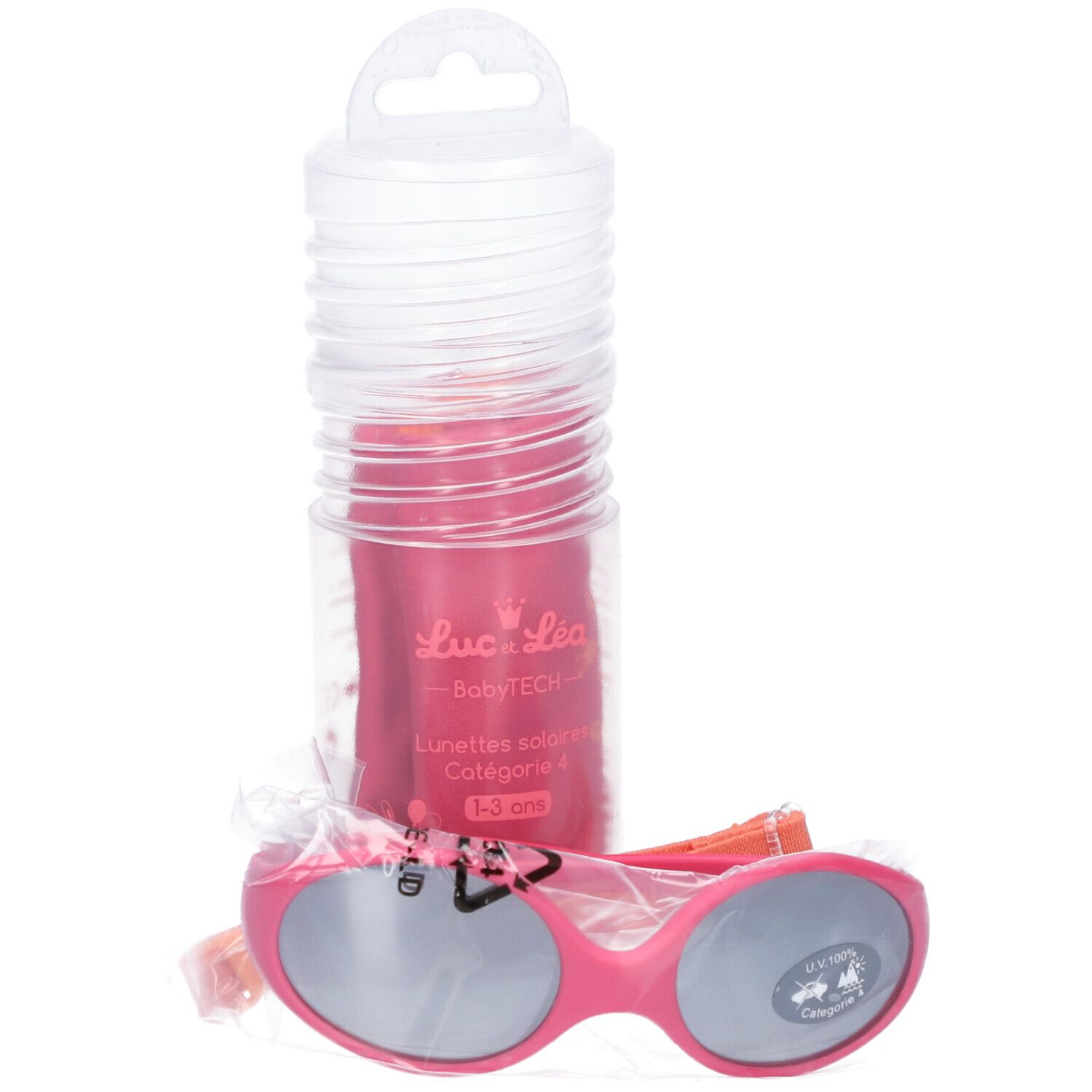 Lunettes de soleil bébé roses, verres gris, emballage transparent. Catégorie 4, 1-3 ans. Avec étui.