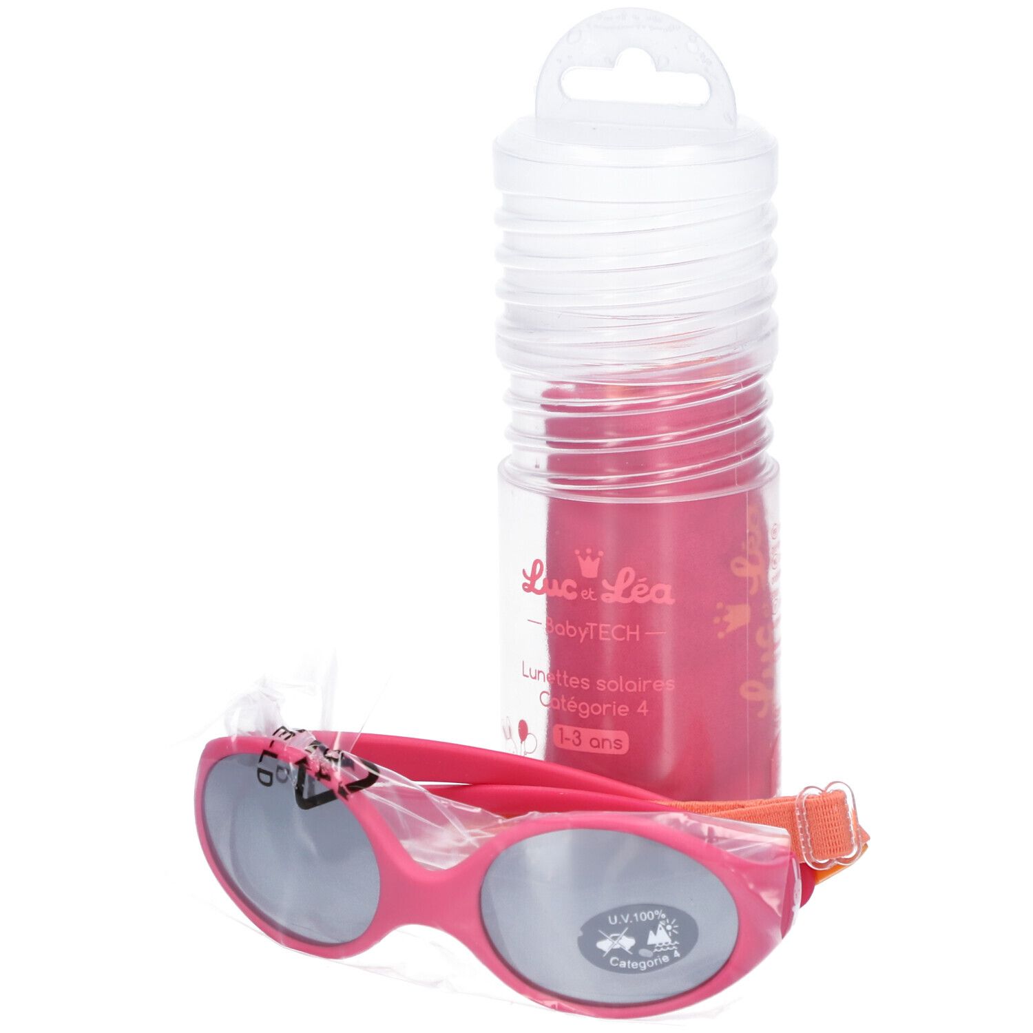 Lunettes de soleil bébé roses avec sangle, emballage transparent. Avec étui. Logo et texte imprimés.