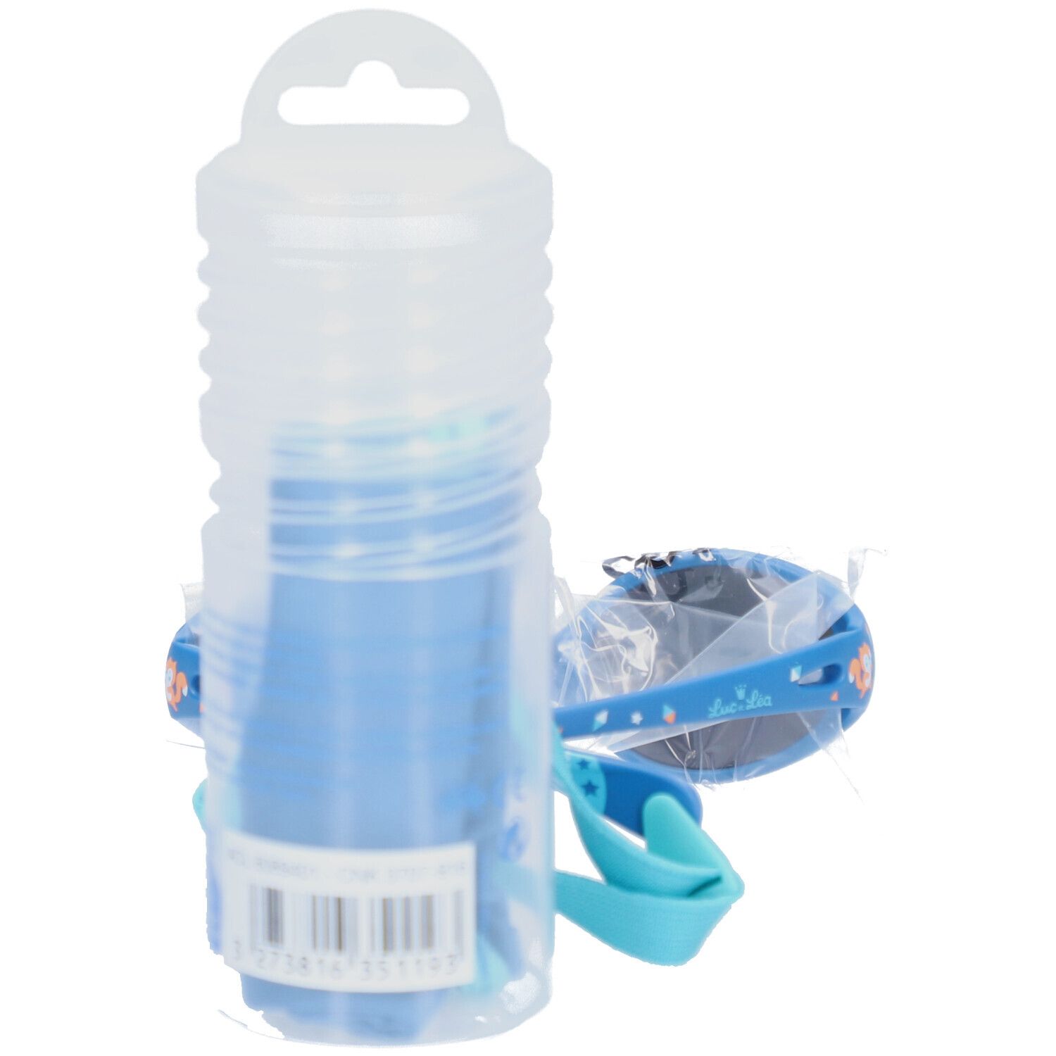 Blaue Sonnenbrille für Kinder mit Band und Etui. Brille und Band sind blau. Etui aus transparentem Kunststoff.