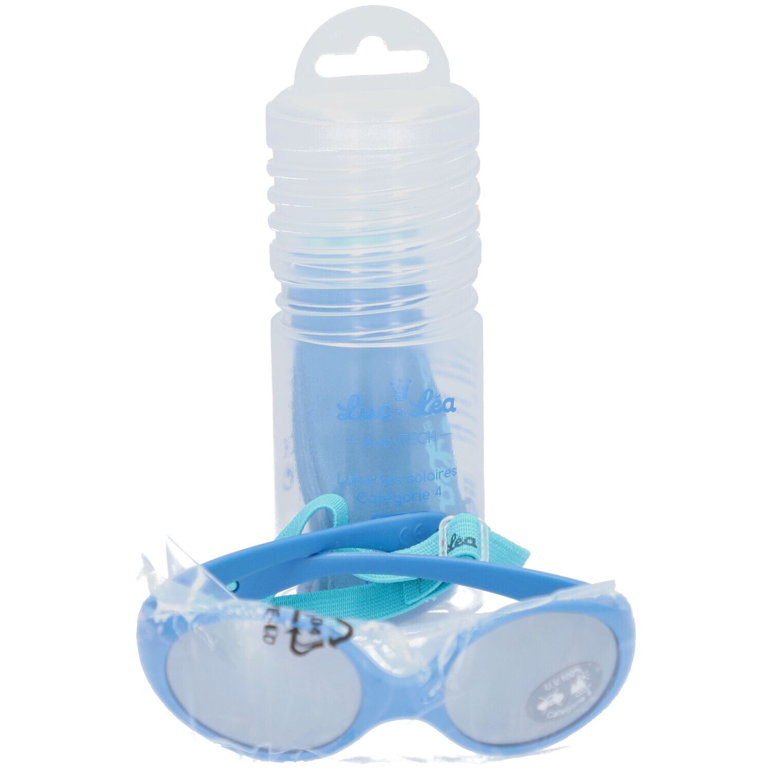 Blaue Sonnenbrille für Kinder mit Band und Etui. Brille und Band sind blau. Etui aus transparentem Kunststoff.