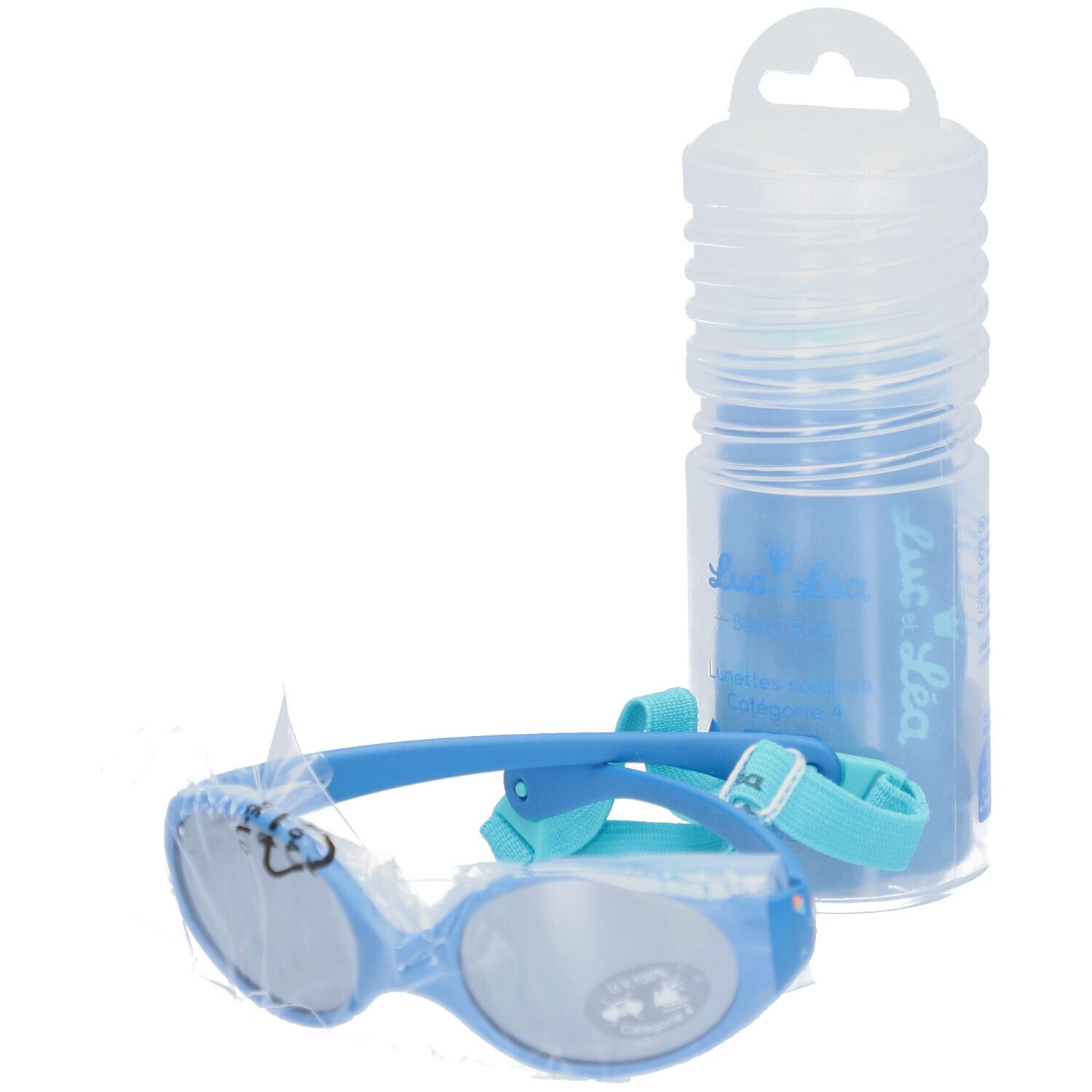 Blaue Sonnenbrille für Kinder mit Band und Etui. Brille und Band sind blau. Etui aus transparentem Kunststoff.