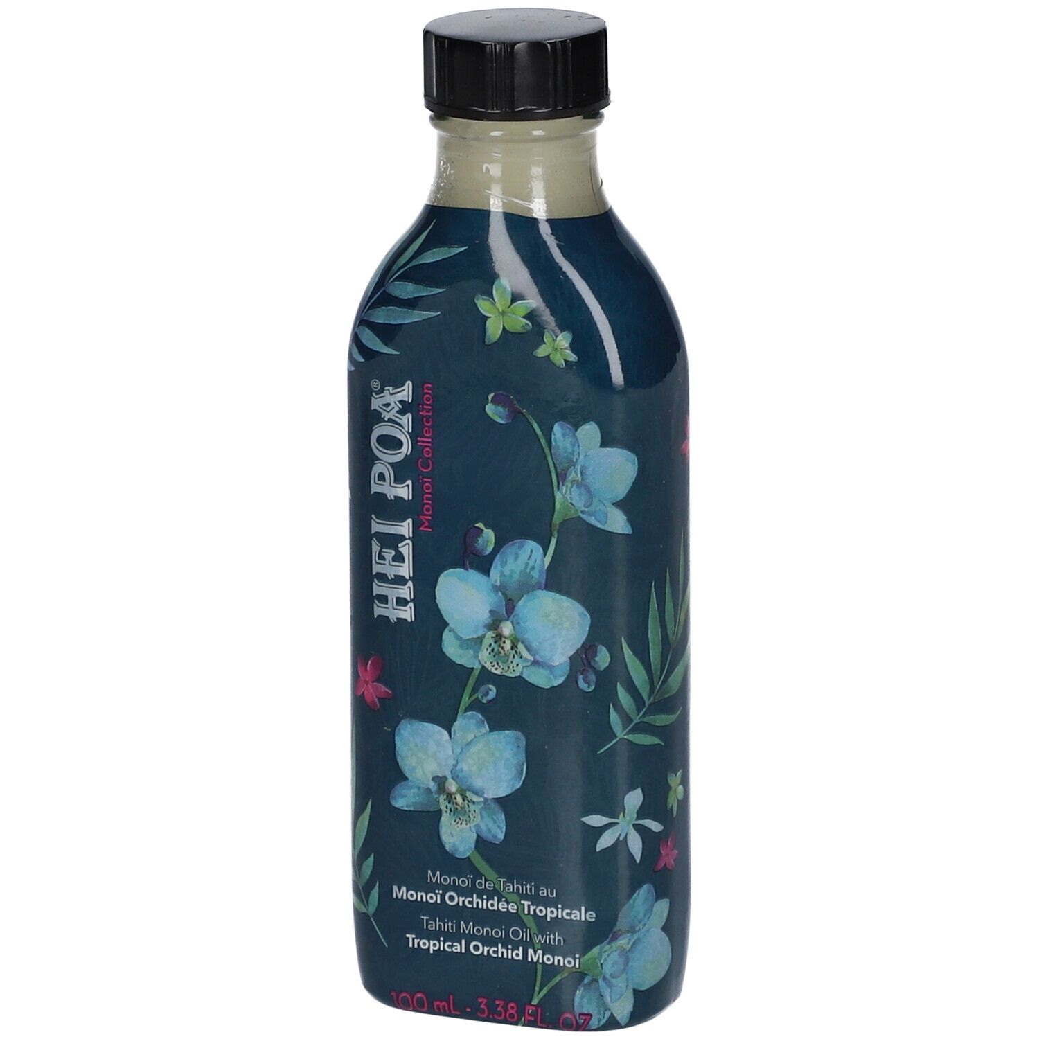 Flacon avec motif floral et inscription. Bouchon noir. Texte: HEI POA, Monoï de Tahiti au Monoï Orchidée Tropicale.