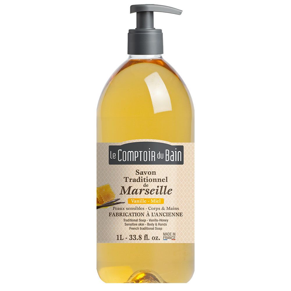 Flasche mit Flüssigseife. Aufschrift: Le Comptoir du Bain, Savon de Marseille, Vanille-Honig. Mit Spender.
