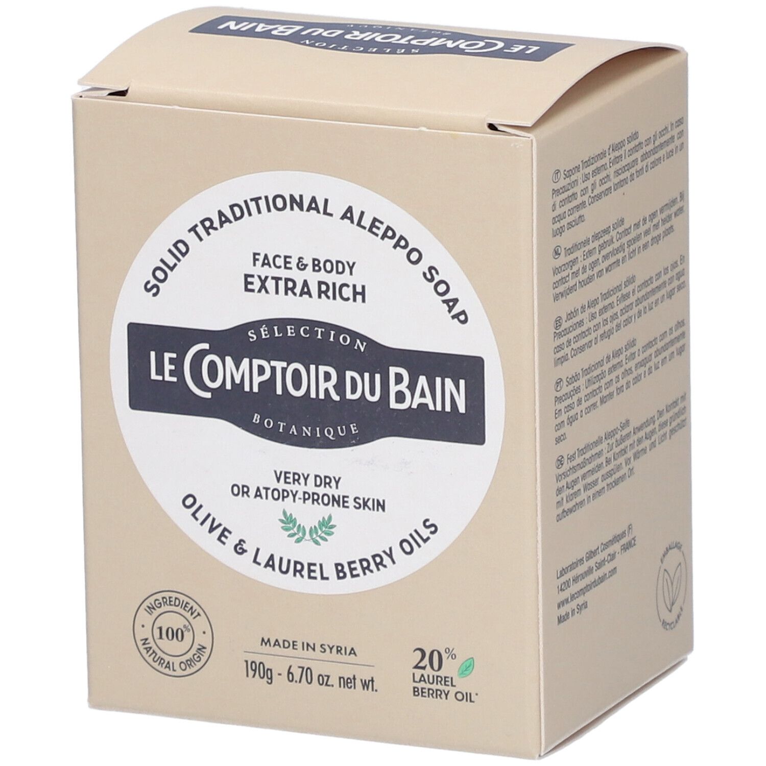 Karton mit Aufdruck. Text: Le Comptoir du Bain, Aleppo Seife, für Gesicht & Körper, sehr trockene Haut. 100% natürliche Inhaltsstoffe.
