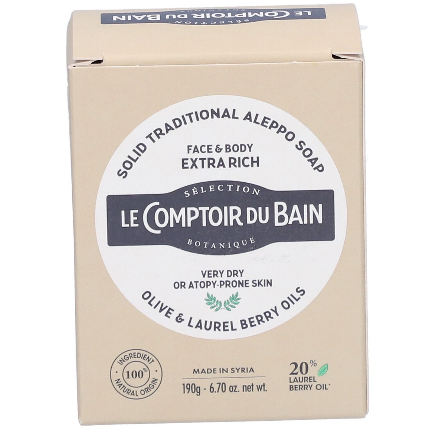 Karton mit Aufdruck. Text: Le Comptoir du Bain, Aleppo Seife, für Gesicht & Körper, sehr trockene Haut. 100% natürliche Inhaltsstoffe.