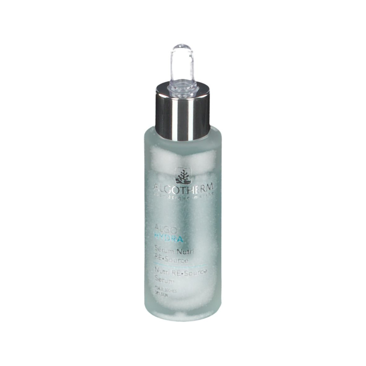 Flacon de sérum avec pipette. Marque ALGOTHERM. Liquide bleu clair. Bouchon argenté.