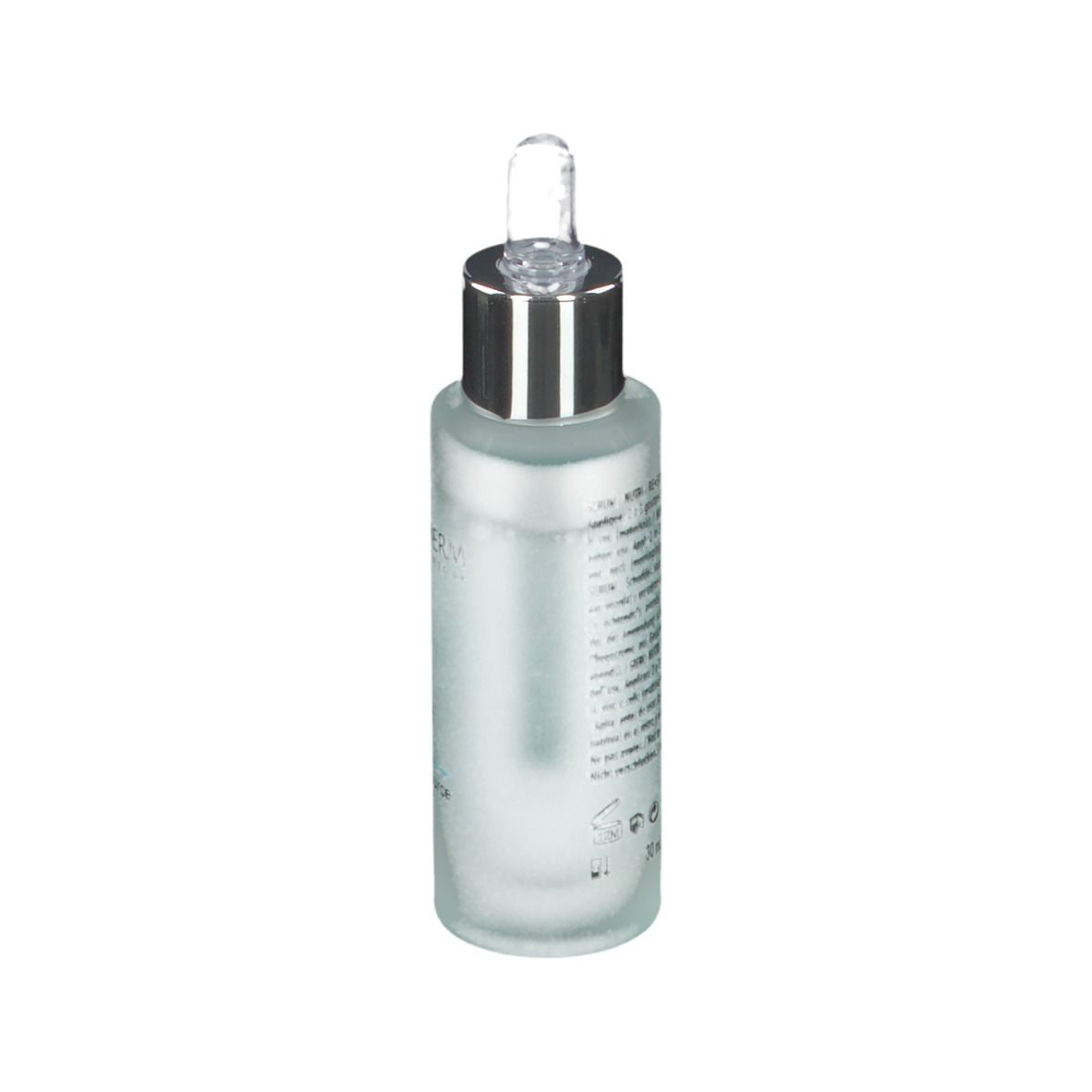 Flacon de sérum avec pipette. Dos avec texte. Marque ALGOTHERM. Liquide bleu clair.