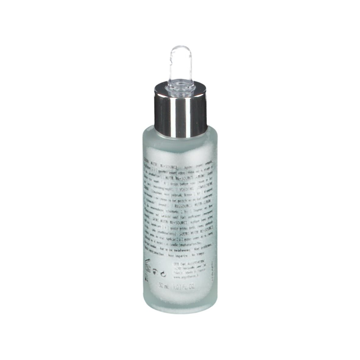 Flacon de sérum avec pipette. Dos avec texte. Marque ALGOTHERM. Liquide bleu clair.