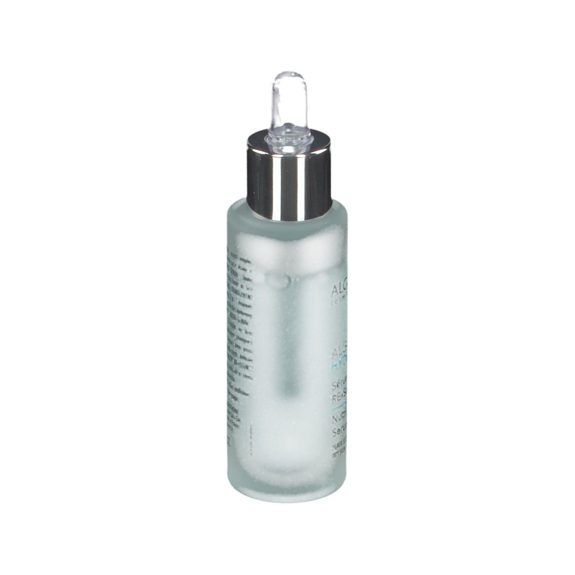 Flacon de sérum avec pipette. Dos avec texte. Marque ALGOTHERM. Liquide bleu clair.