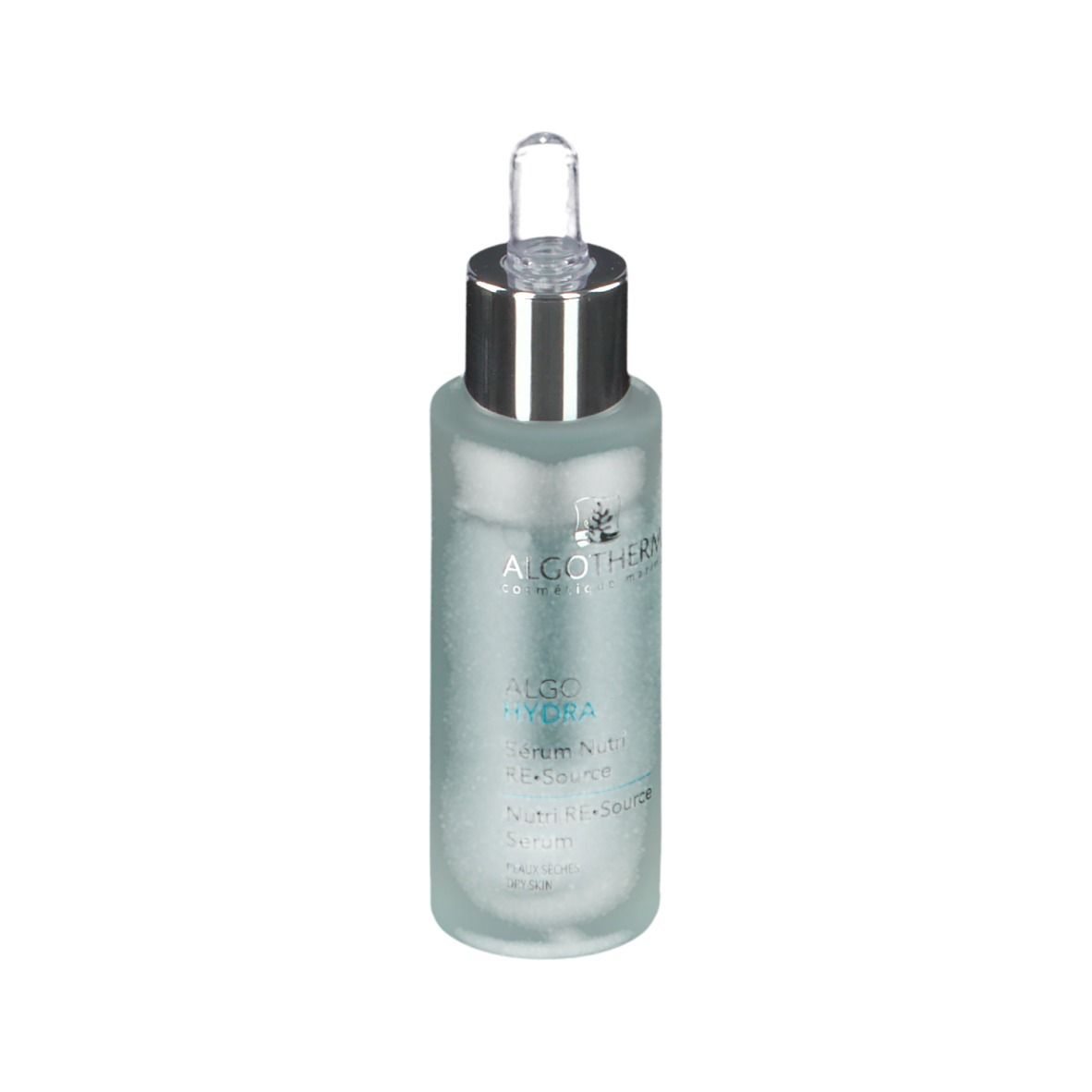 Flacon de sérum avec pipette. Marque ALGOTHERM. Logo ALGOHYDRA. Liquide bleu clair.
