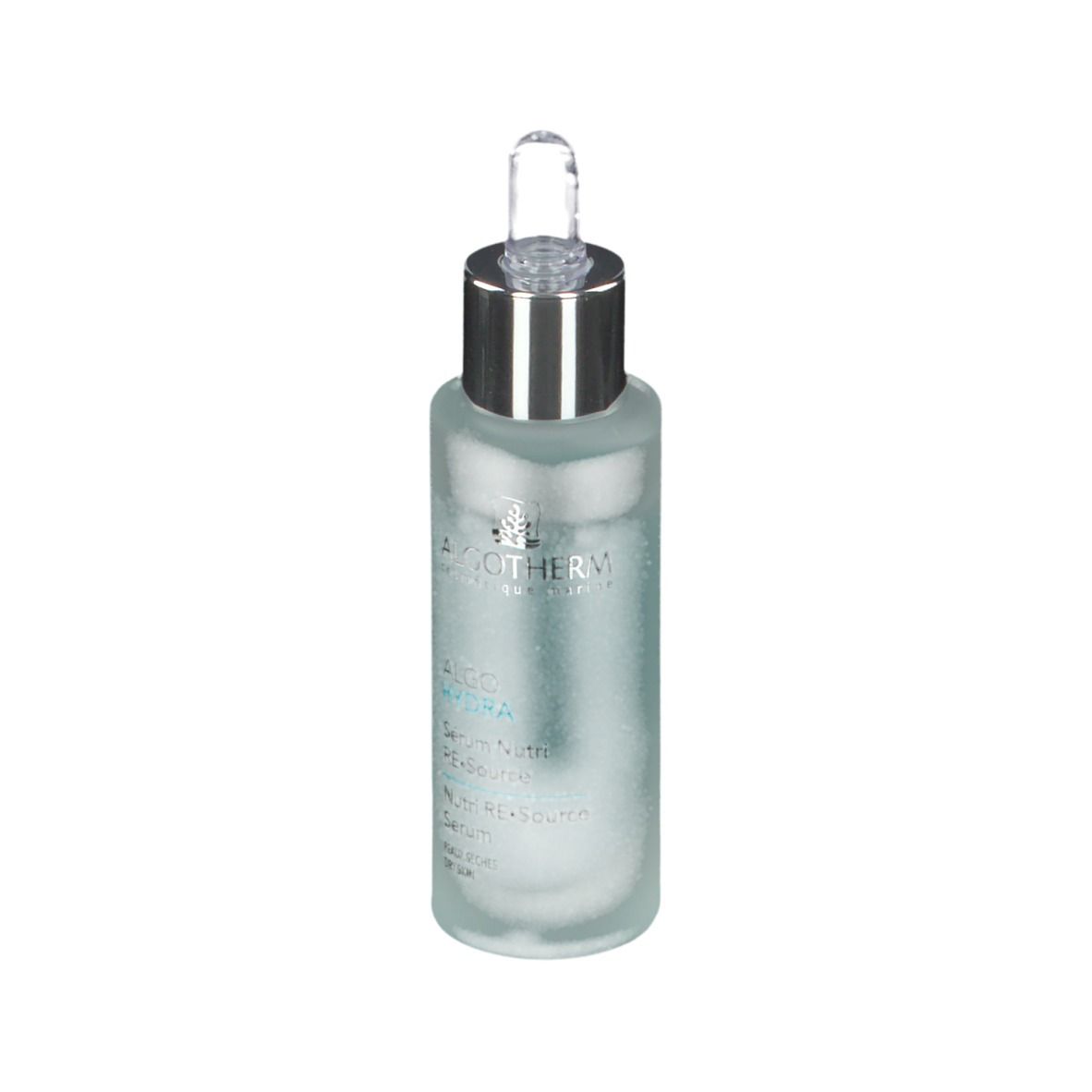 Flacon de sérum avec pipette. Marque ALGOTHERM. Logo ALGOHYDRA. Liquide bleu clair.