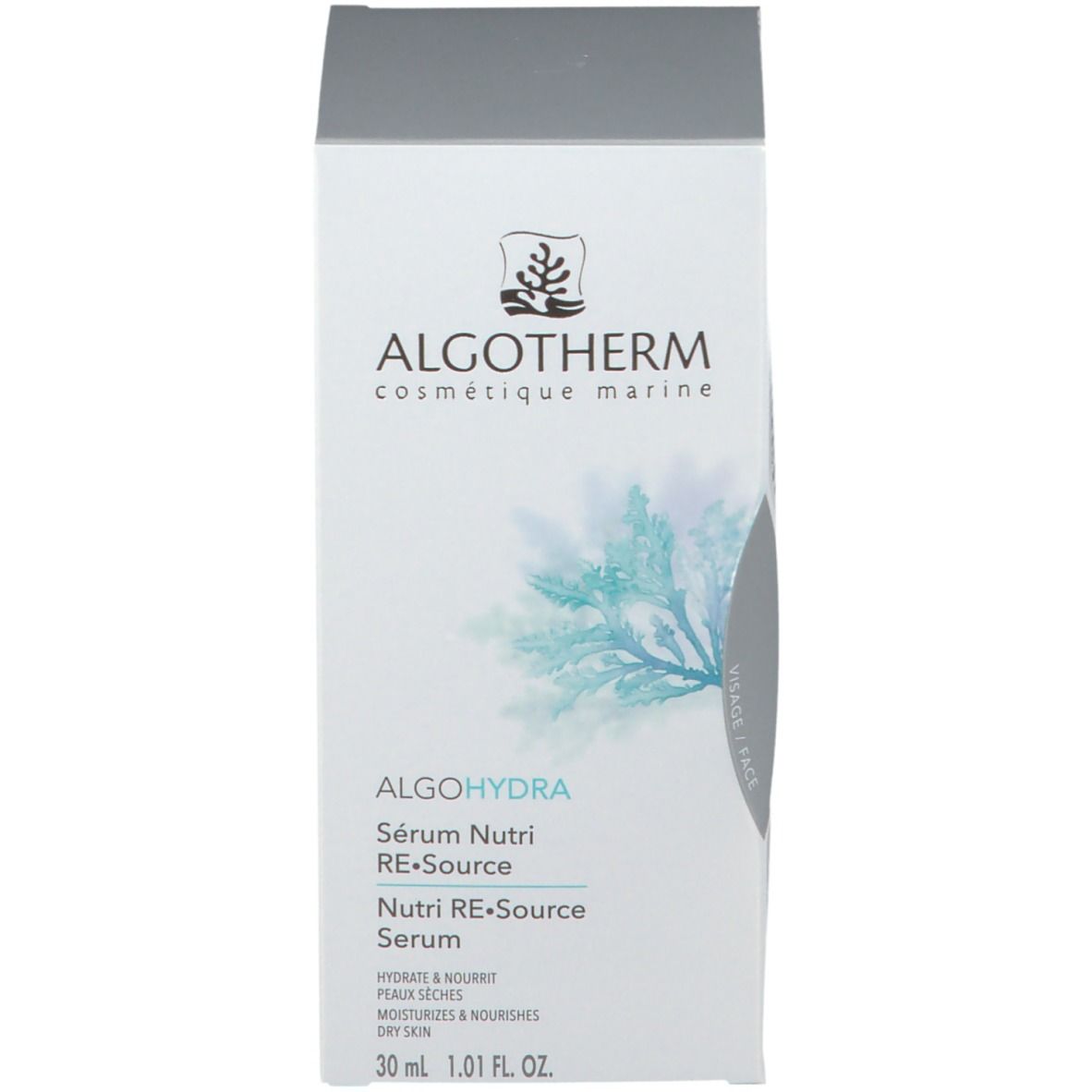 Boîte. Marque ALGOTHERM. Logo ALGOHYDRA. 30 ml. Texte : Sérum Nutri RE-Source.