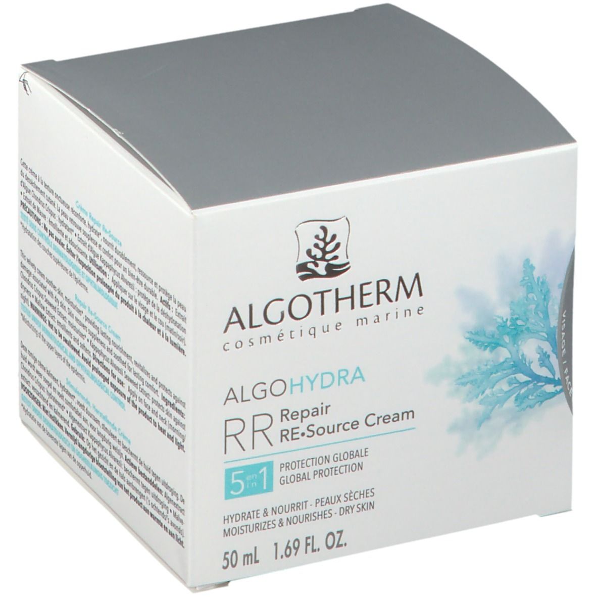 Weißer Karton mit ALGOTHERM-Logo und Produktbezeichnung ALGO HYDRA Repair RE.Source Cream. 50 ml.