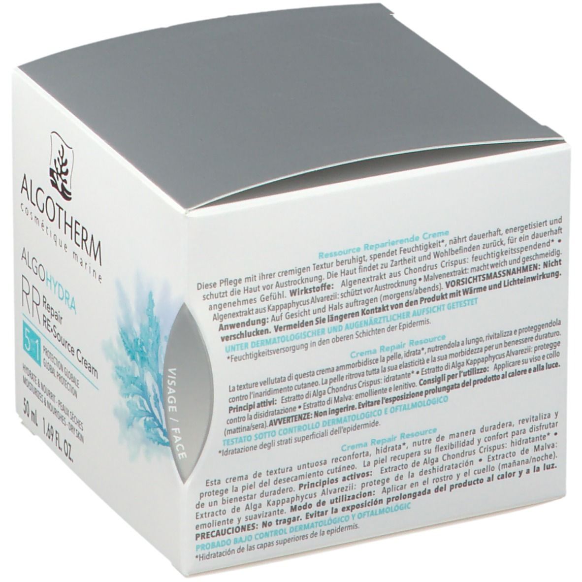 Rückseite der weißen ALGOTHERM-Verpackung. Text in mehreren Sprachen. Produktname ALGO HYDRA Repair RE.Source Cream.