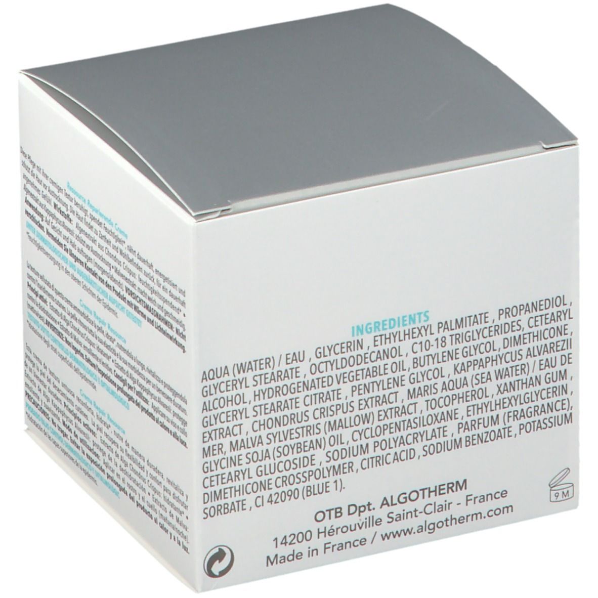 Weiße Verpackung mit Inhaltsstoffen. Text in mehreren Sprachen. OTB Dpt. ALGOTHERM. Hergestellt in Frankreich.
