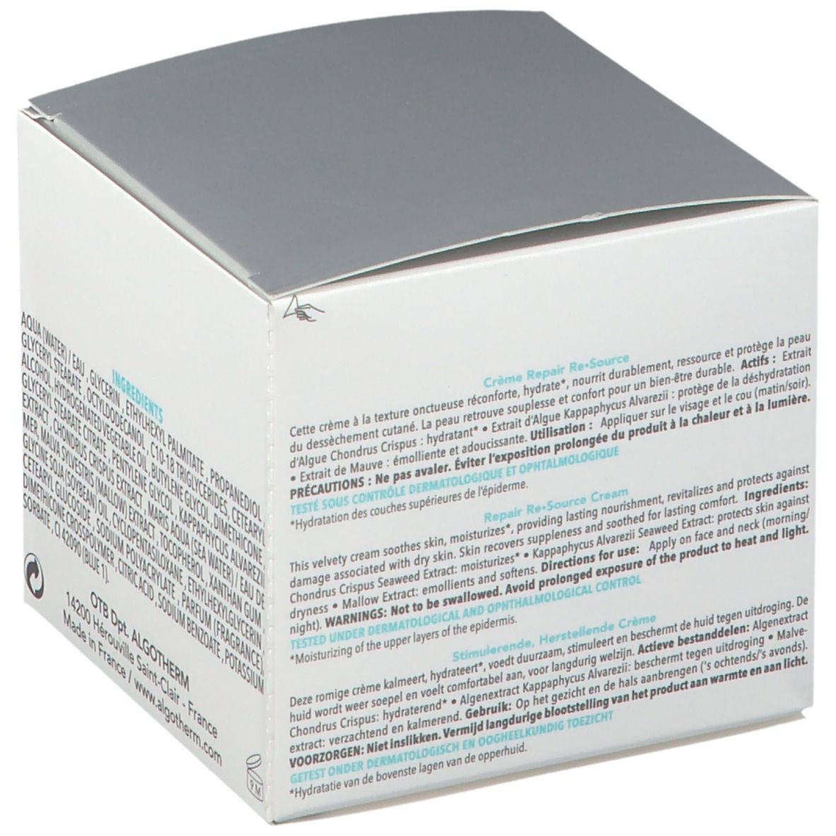Weiße Verpackung mit Produktbeschreibung. Text in mehreren Sprachen. Crème Repair Re-Source. OTB Dpt. ALGOTHERM.
