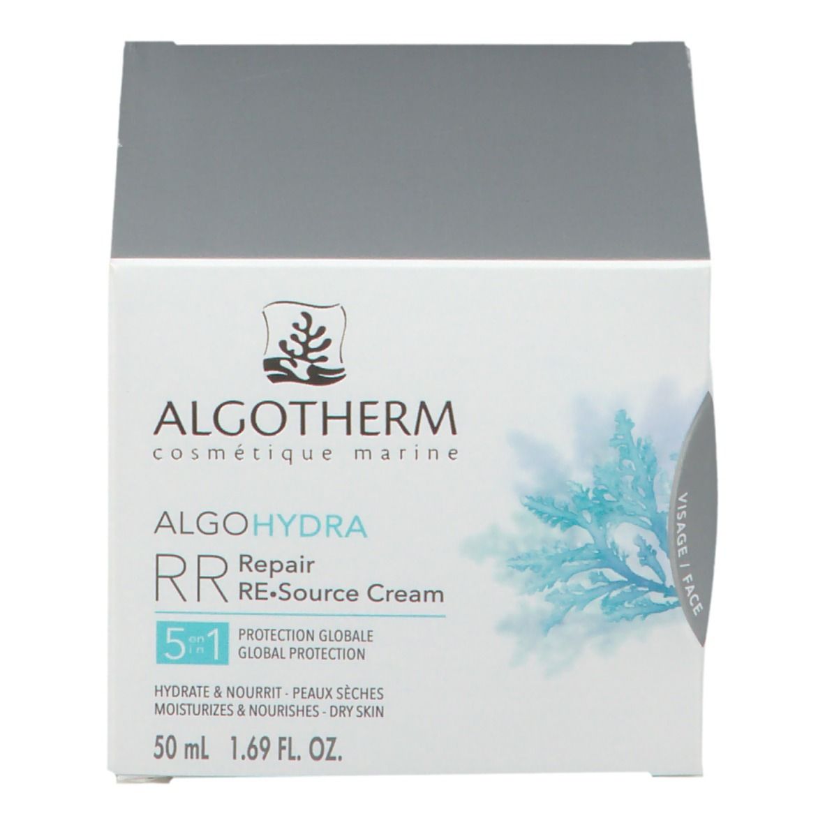 Weiße Verpackung mit ALGOTHERM-Logo und Produktbezeichnung ALGO HYDRA Repair RE.Source Cream. 50 ml.