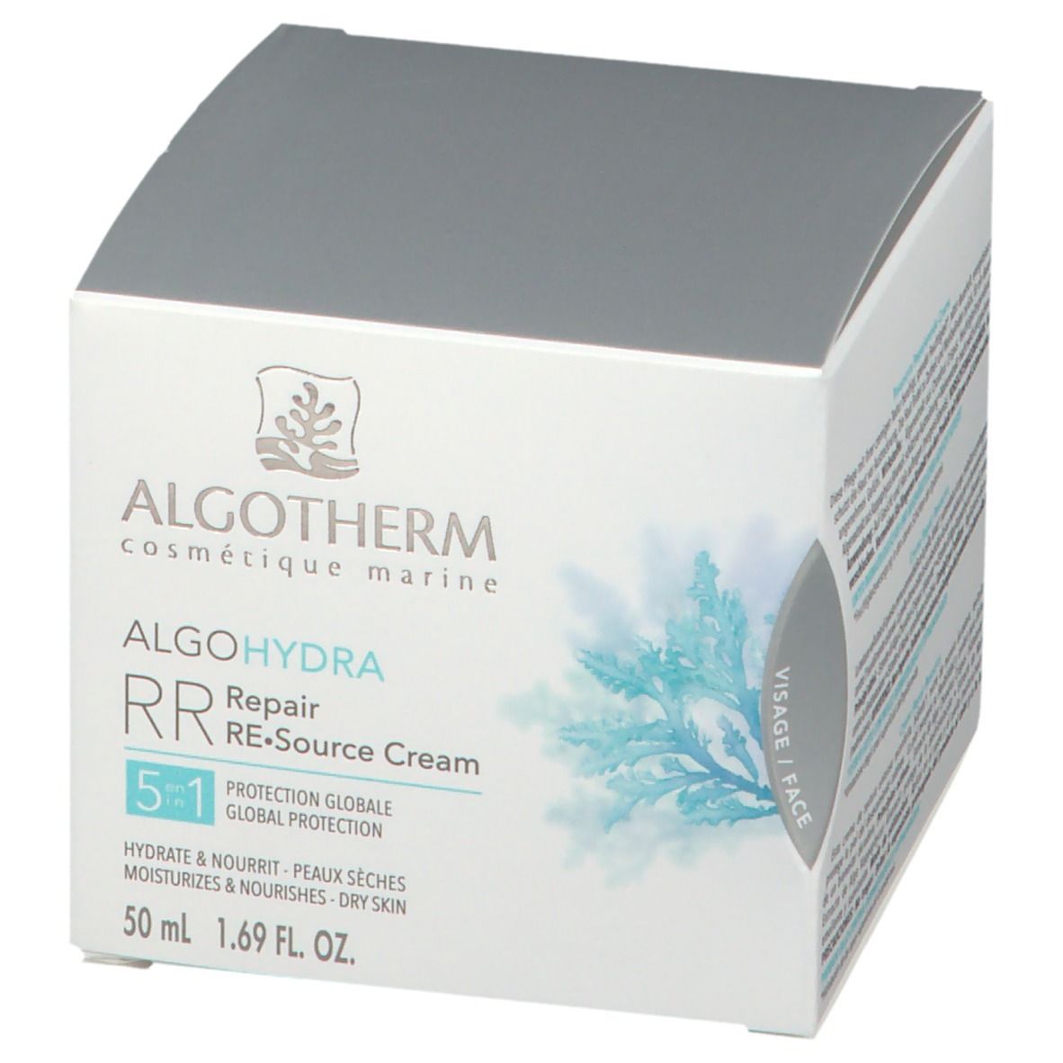 Weiße Verpackung mit ALGOTHERM-Logo und Produktbezeichnung ALGO HYDRA Repair RE.Source Cream. 50 ml. Visage.