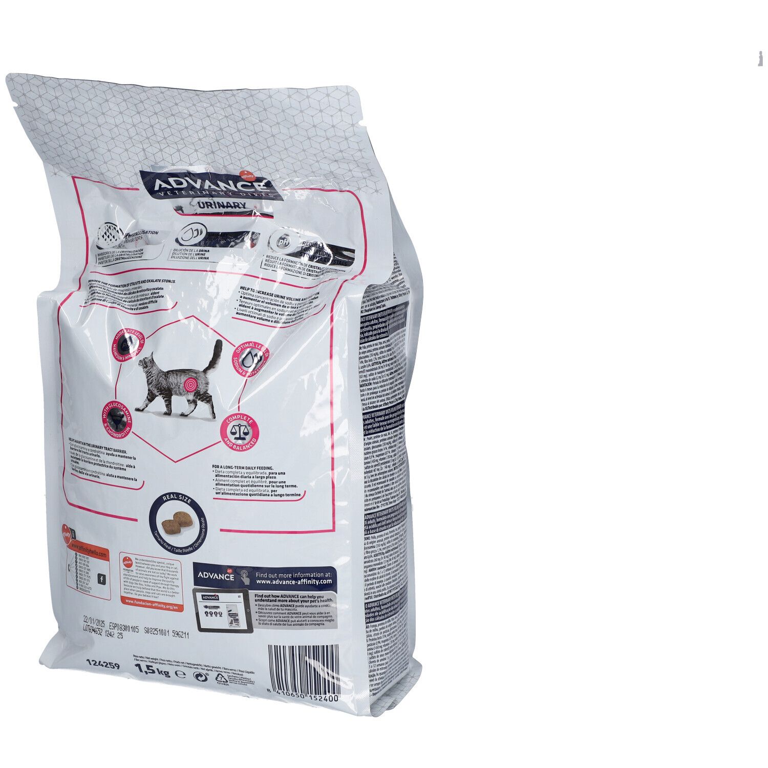 Dos de l'emballage de nourriture pour chats. Inscription: ADVANCE VETERINARY DIETS URINARY. Illustration d'un chat.