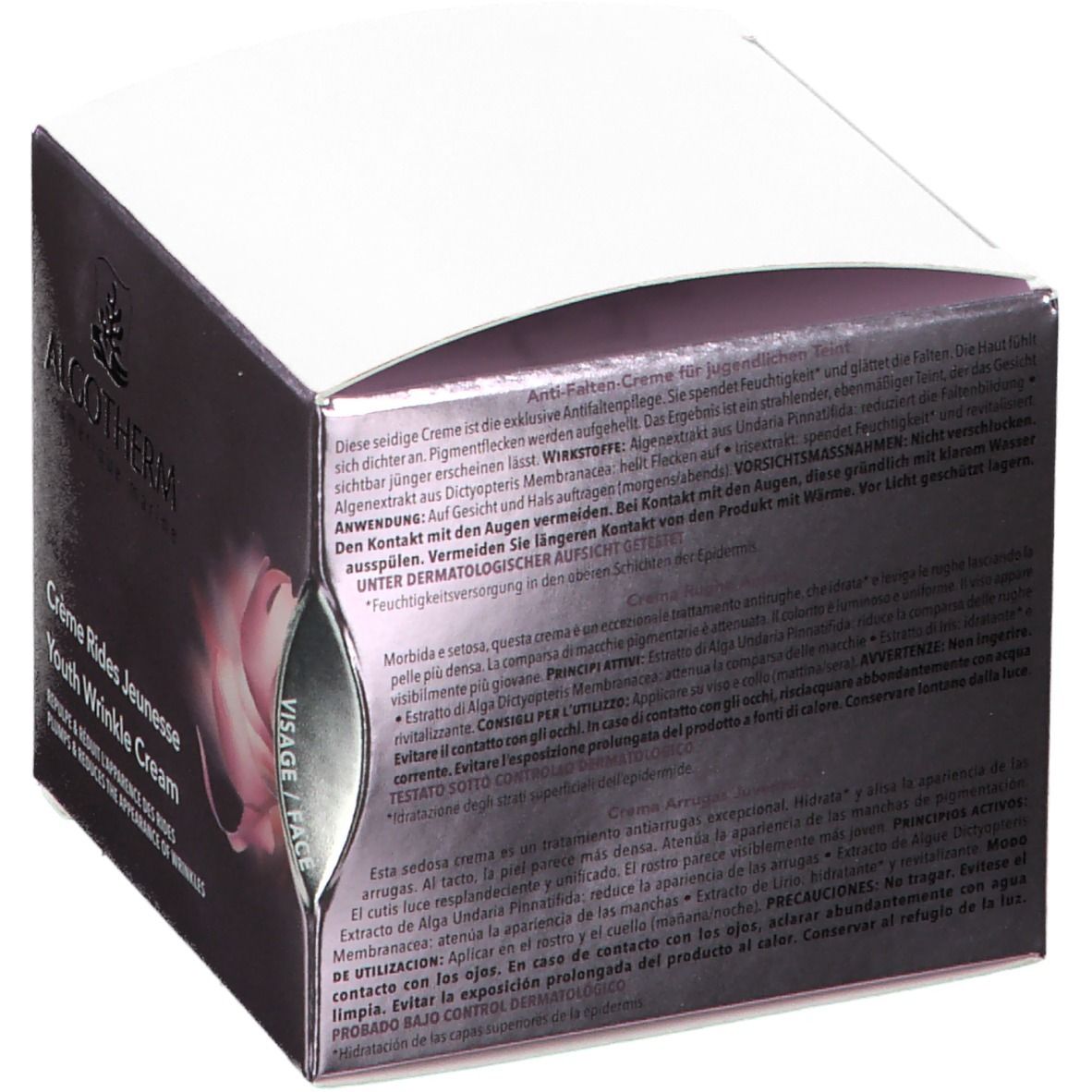 Dos de la boîte avec texte. ALGOTHERM ALGOTIME EXPERT Crème Rides Jeunesse. Texte multilingue.