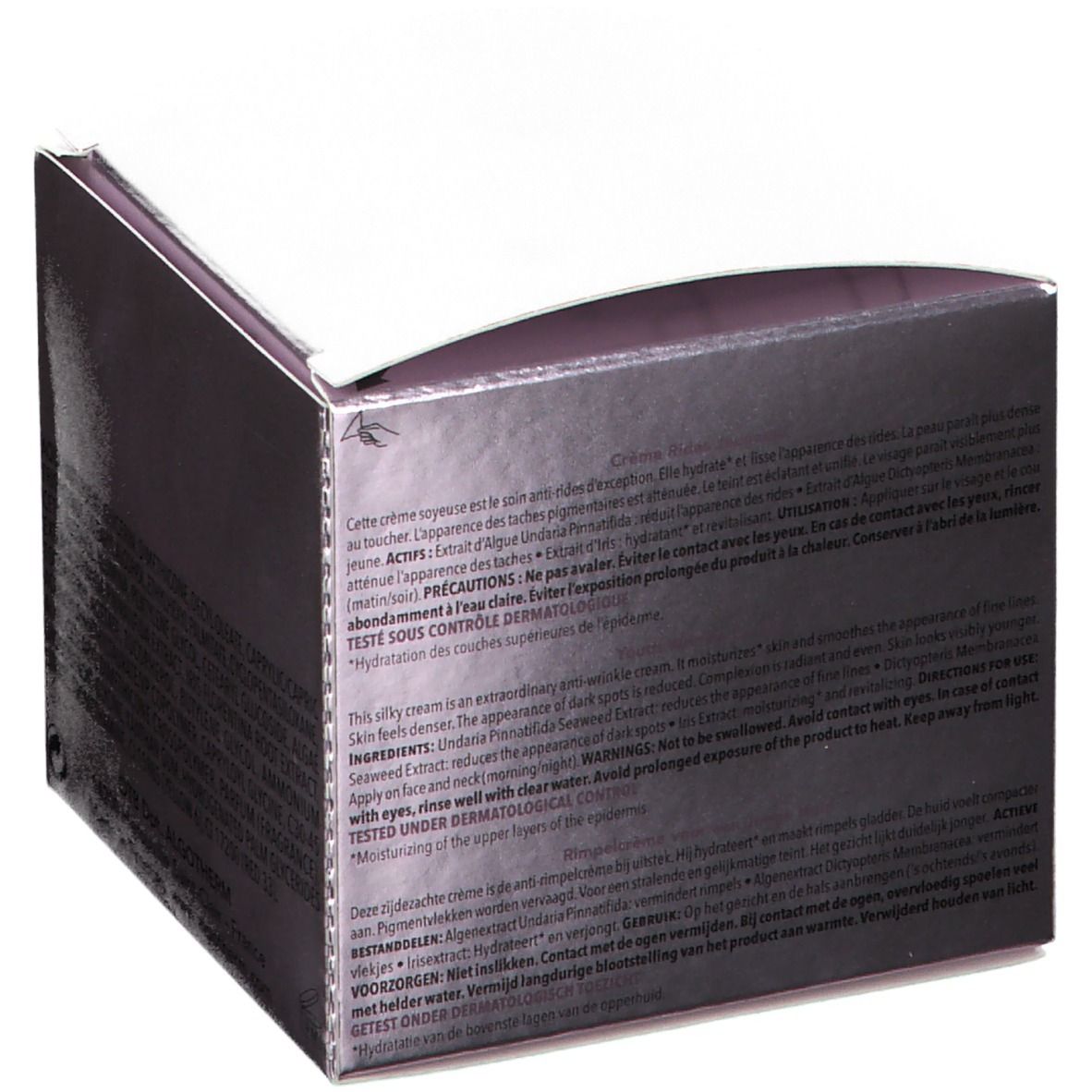 Côté de la boîte avec texte. ALGOTHERM ALGOTIME EXPERT Crème Rides Jeunesse. Texte multilingue.
