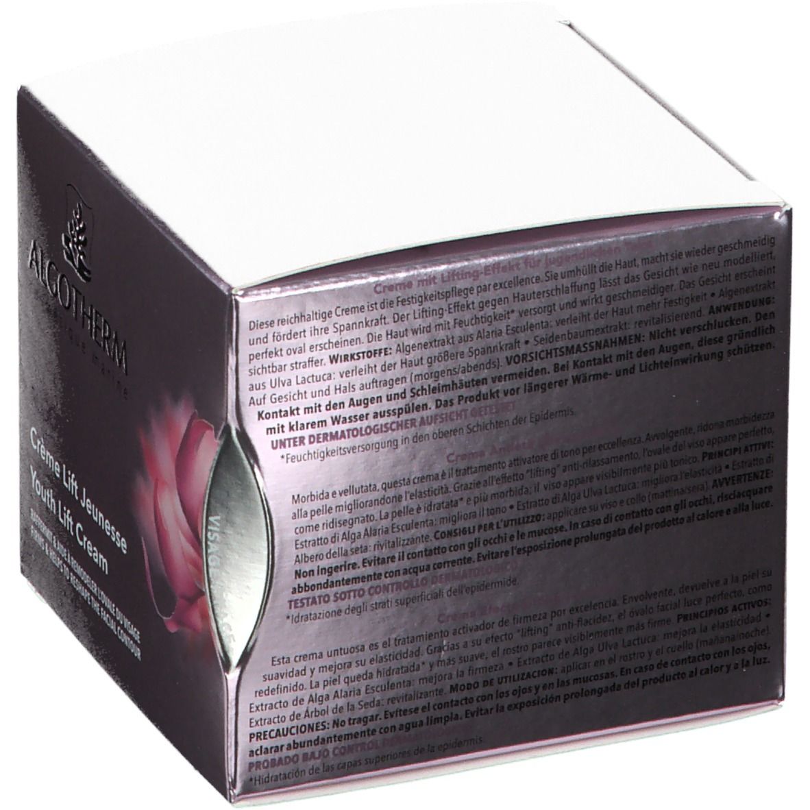 Rückseite der Schachtel. Text in mehreren Sprachen. Produktname "Crème Lift Jeunesse Youth Lift Cream" sichtbar.