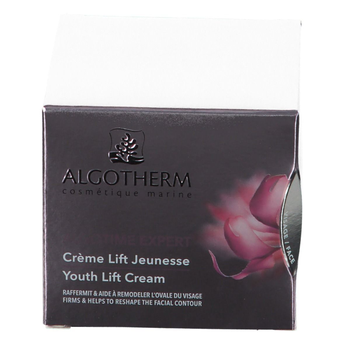 Geöffnete Schachtel. ALGOTHERM-Logo und Produktname. Rosa Blume. "Crème Lift Jeunesse Youth Lift Cream" sichtbar.