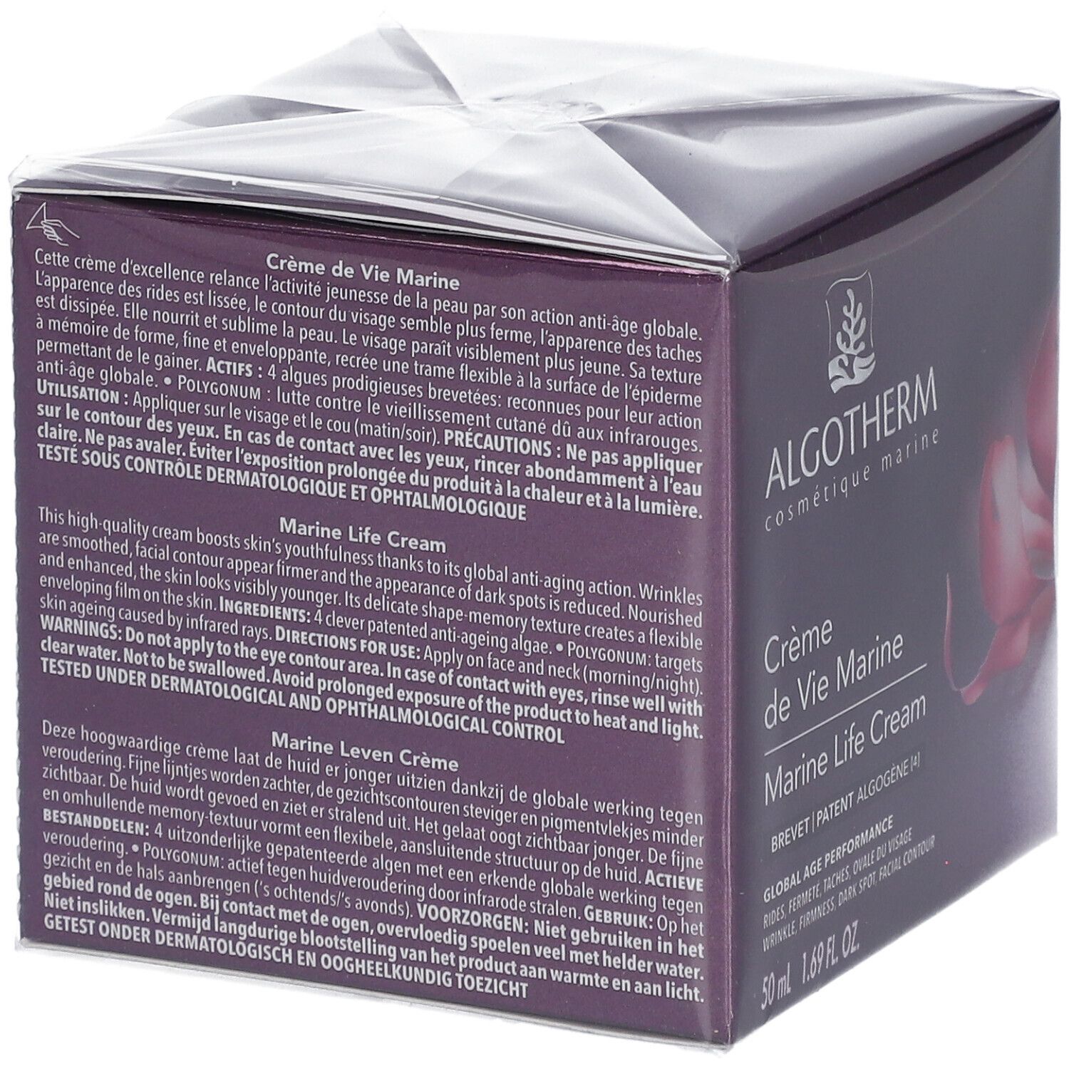 Dos de la boîte ALGOTHERM Crème de Vie Marine. Texte en allemand, français, néerlandais et anglais. Ingrédients.