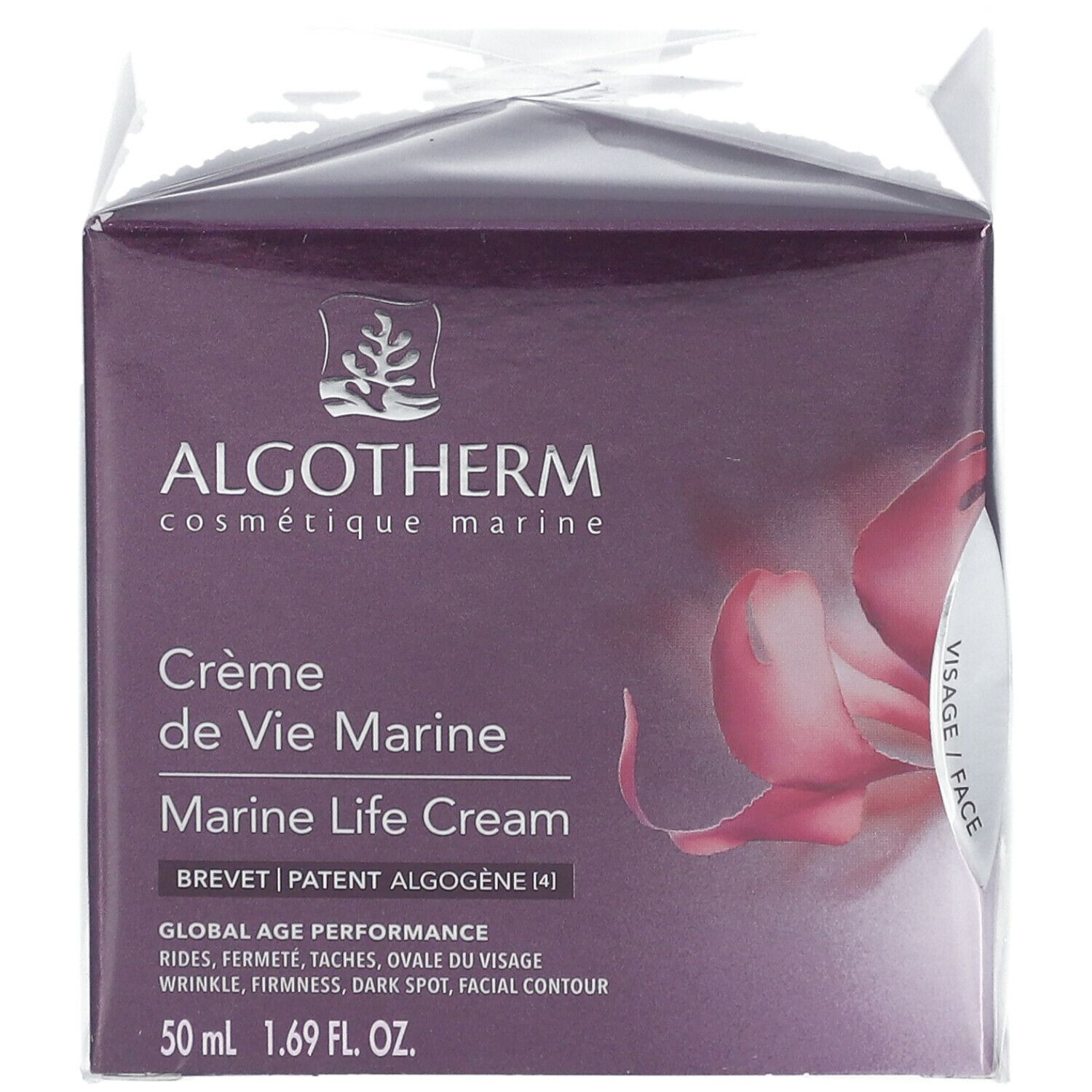 Boîte ALGOTHERM Crème de Vie Marine. Logo et nom du produit. Inscription: Marine Life Cream. 50 ml. Visage/Face.