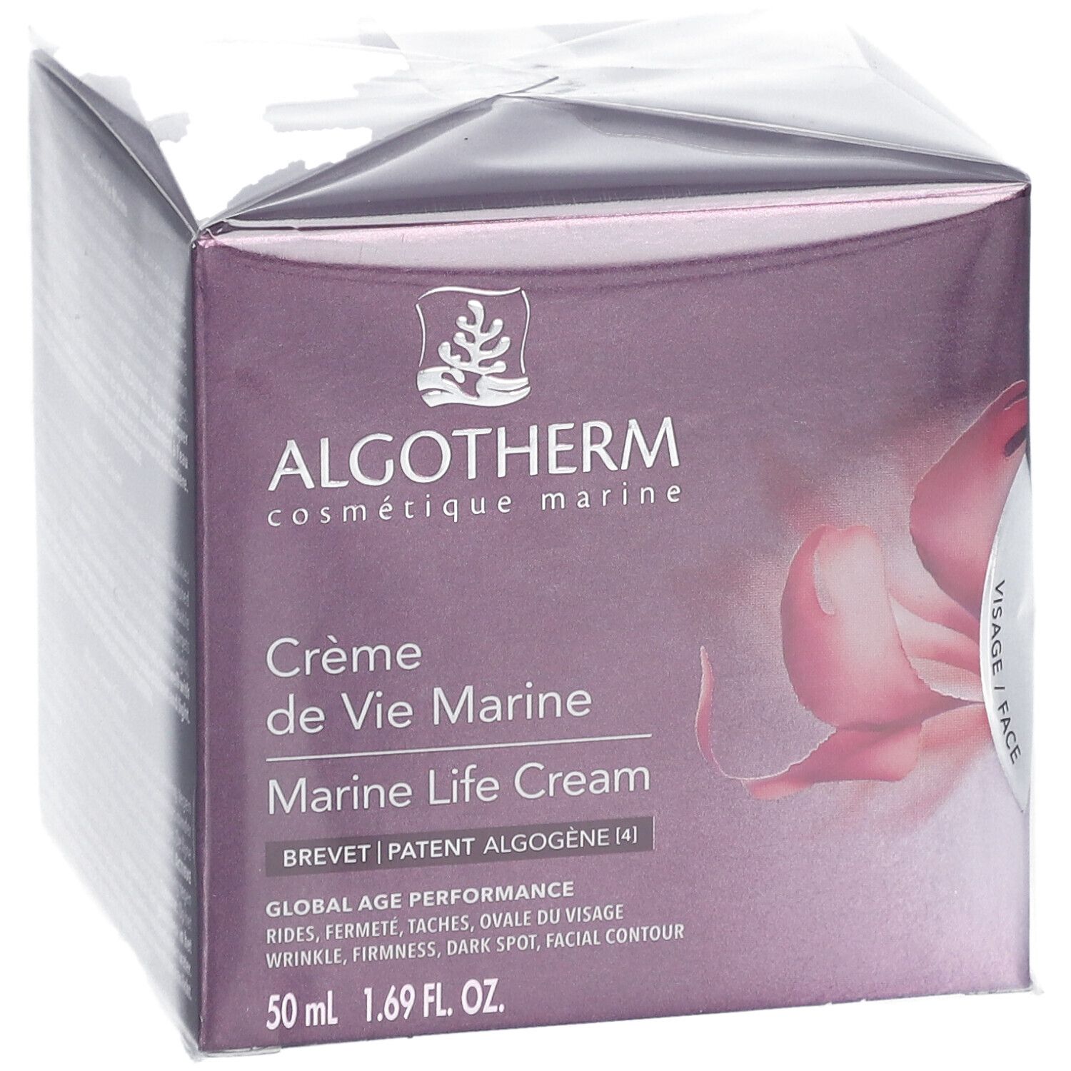 Boîte ALGOTHERM Crème de Vie Marine. Logo et nom du produit. Inscription: Marine Life Cream. 50 ml. Visage/Face.