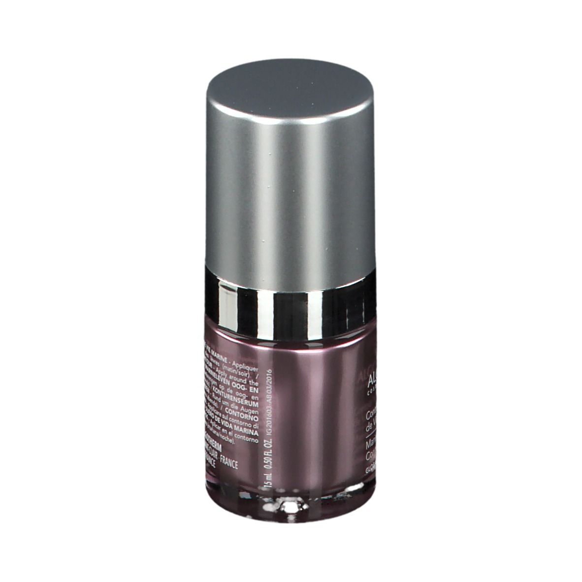 Flacon cylindrique avec bouchon argenté. Inscription: ALGOTHERM, Contour Yeux & Lèvres de Vie Marine. 15 ml.