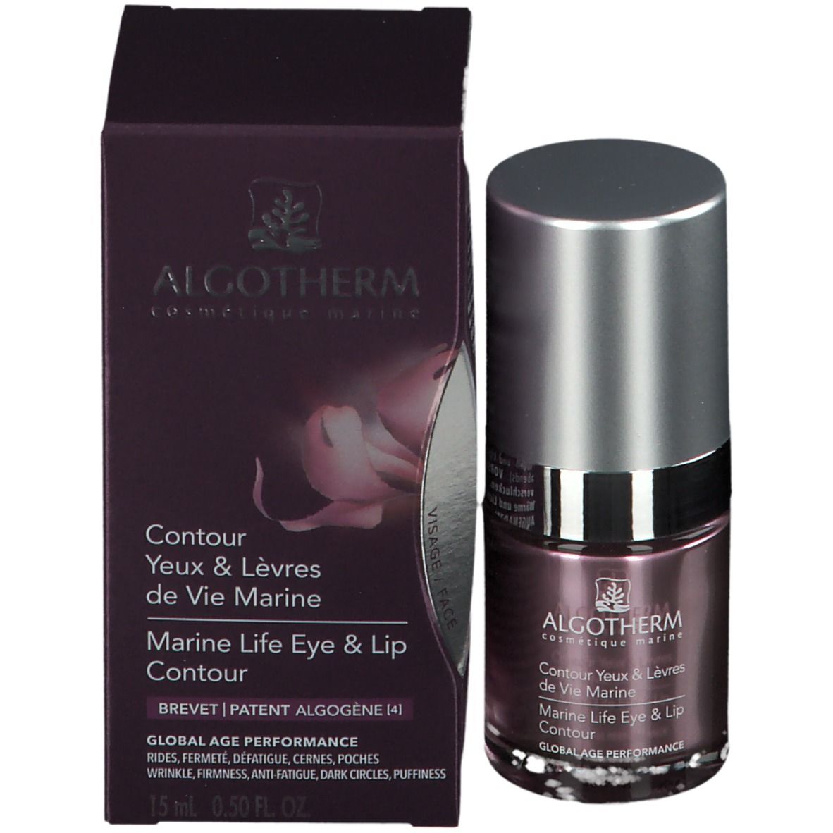 Flacon et emballage du produit. Inscription: ALGOTHERM, Contour Yeux & Lèvres de Vie Marine. 15 ml.