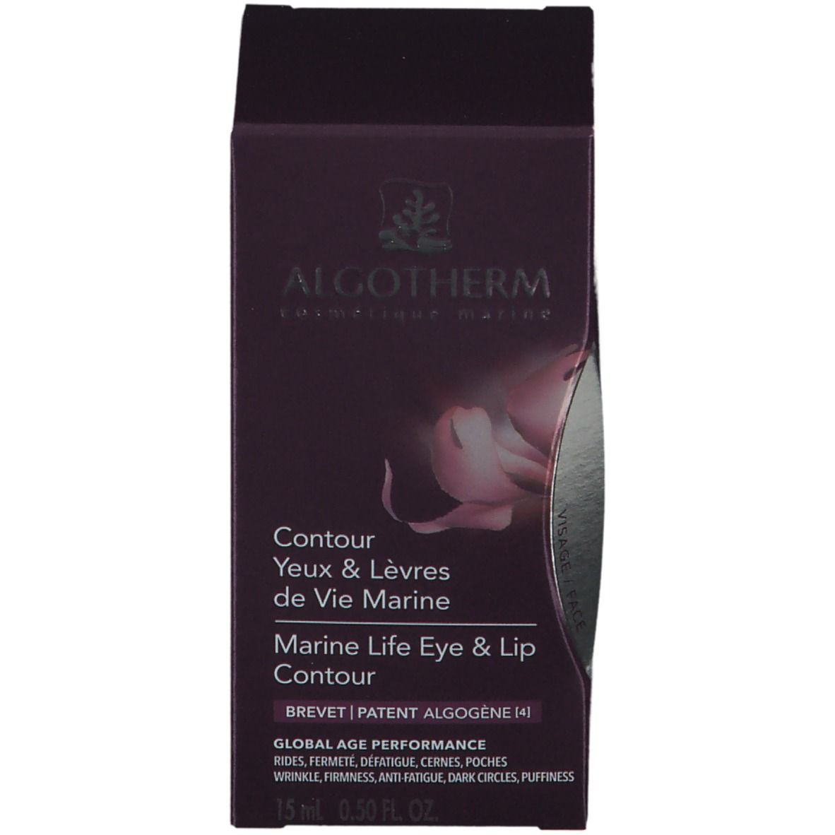 Emballage du produit. Inscription: ALGOTHERM, Contour Yeux & Lèvres de Vie Marine. 15 ml.